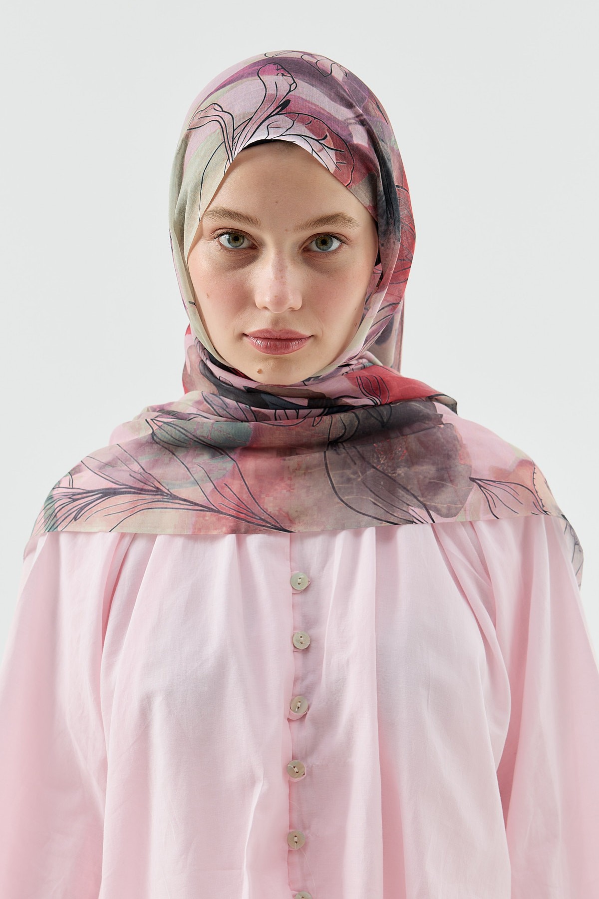 Zambak Desen Aya Şal - Pembe-Kırmızı