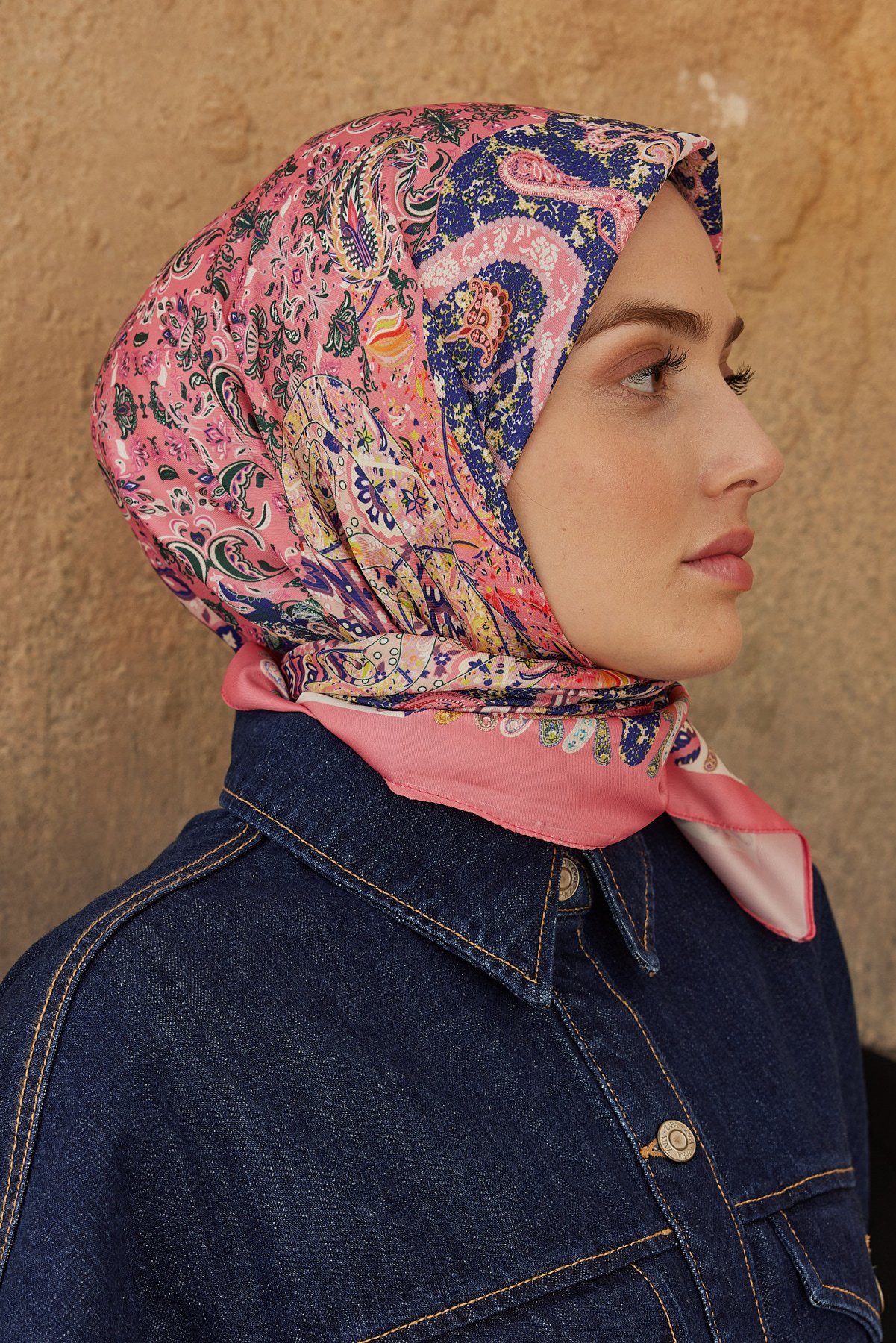 Ethnic Flower Twill Eşarp - Pembe-Lacivert