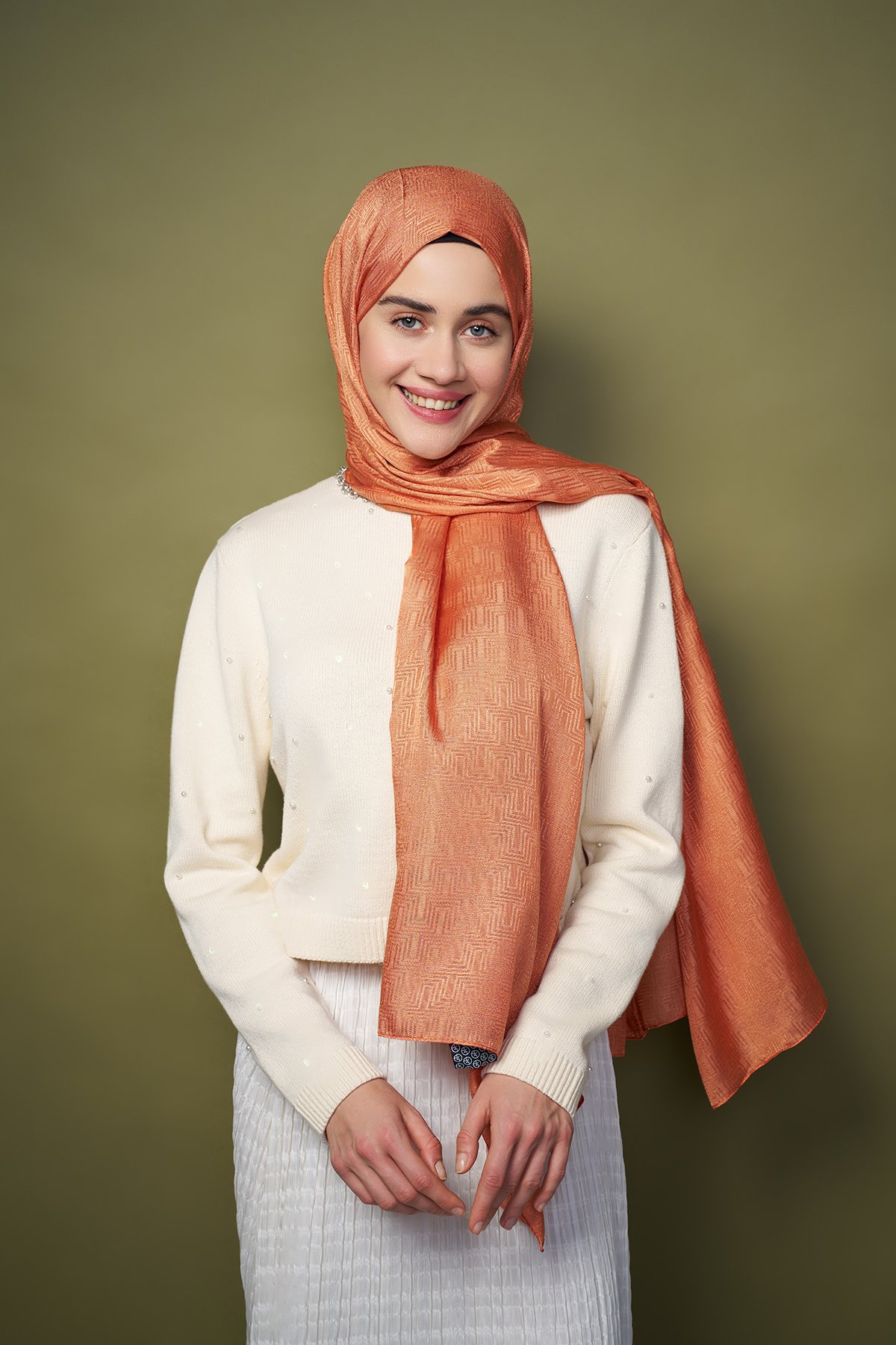 Natür Jacquard Series Trail Pattern Shawl - Orange