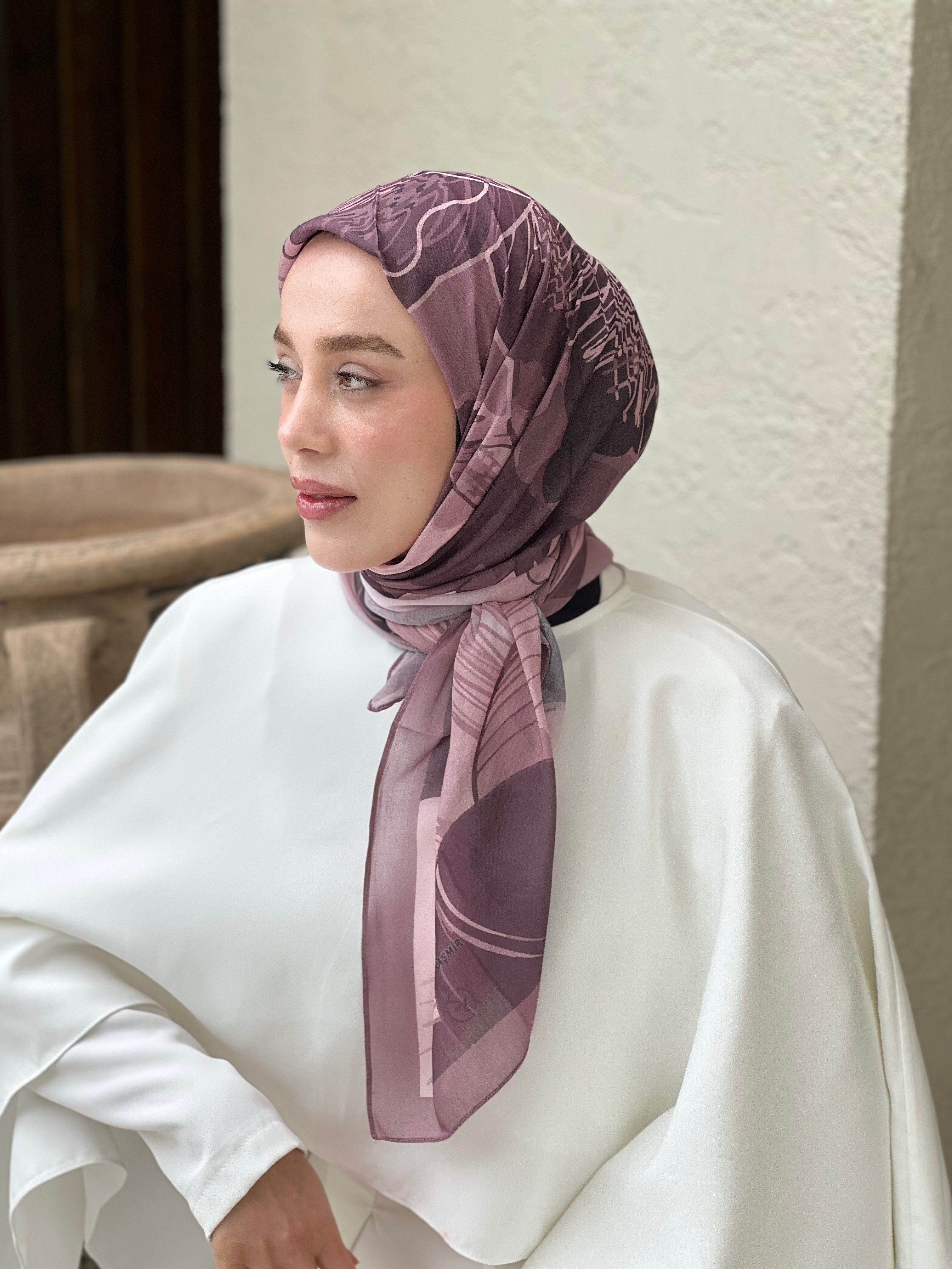110 Cm Orkide Desen Eşarp - Pembe
