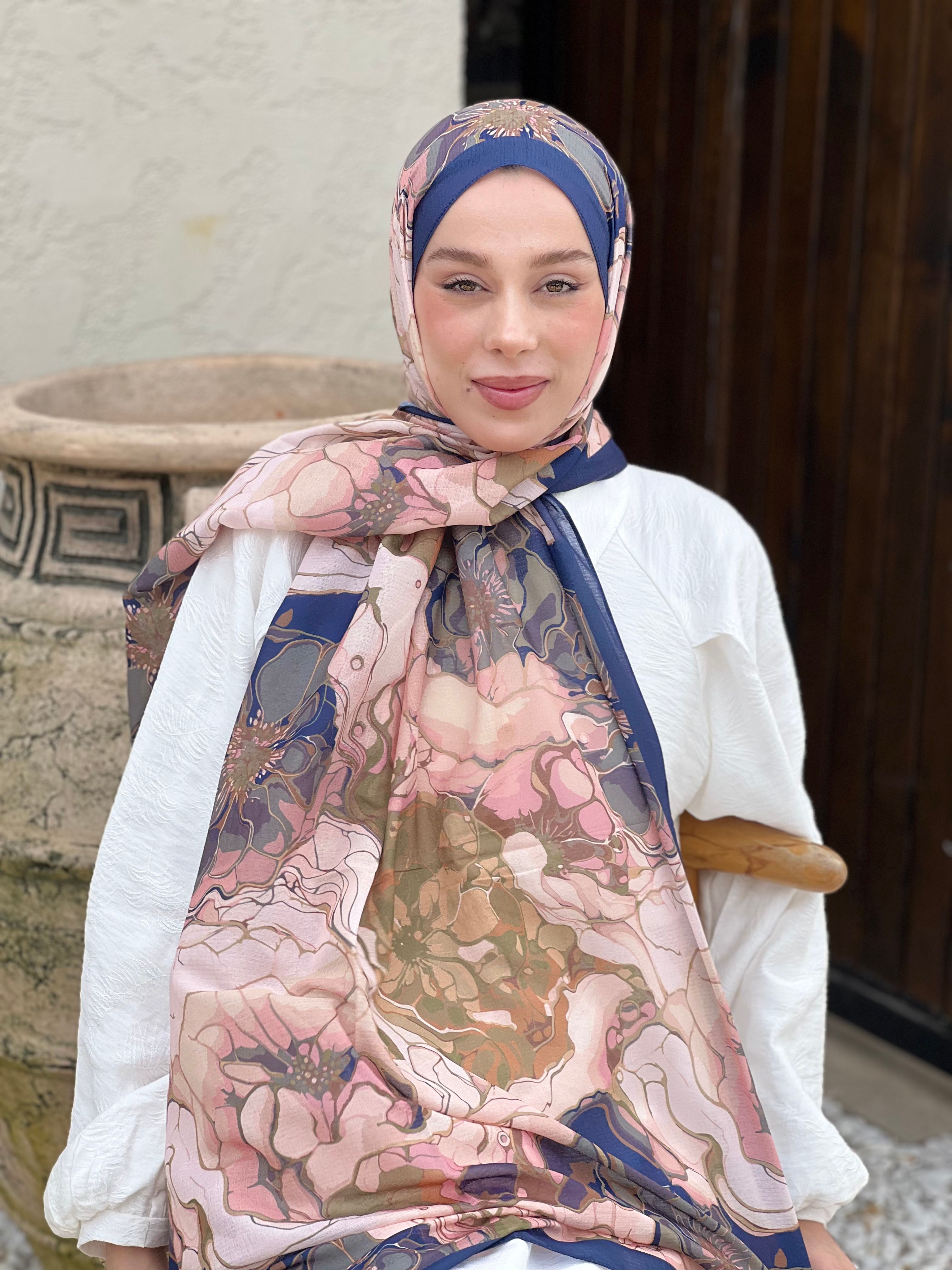 Alice Pattern Lina Shawl - Navy Blue-Pink