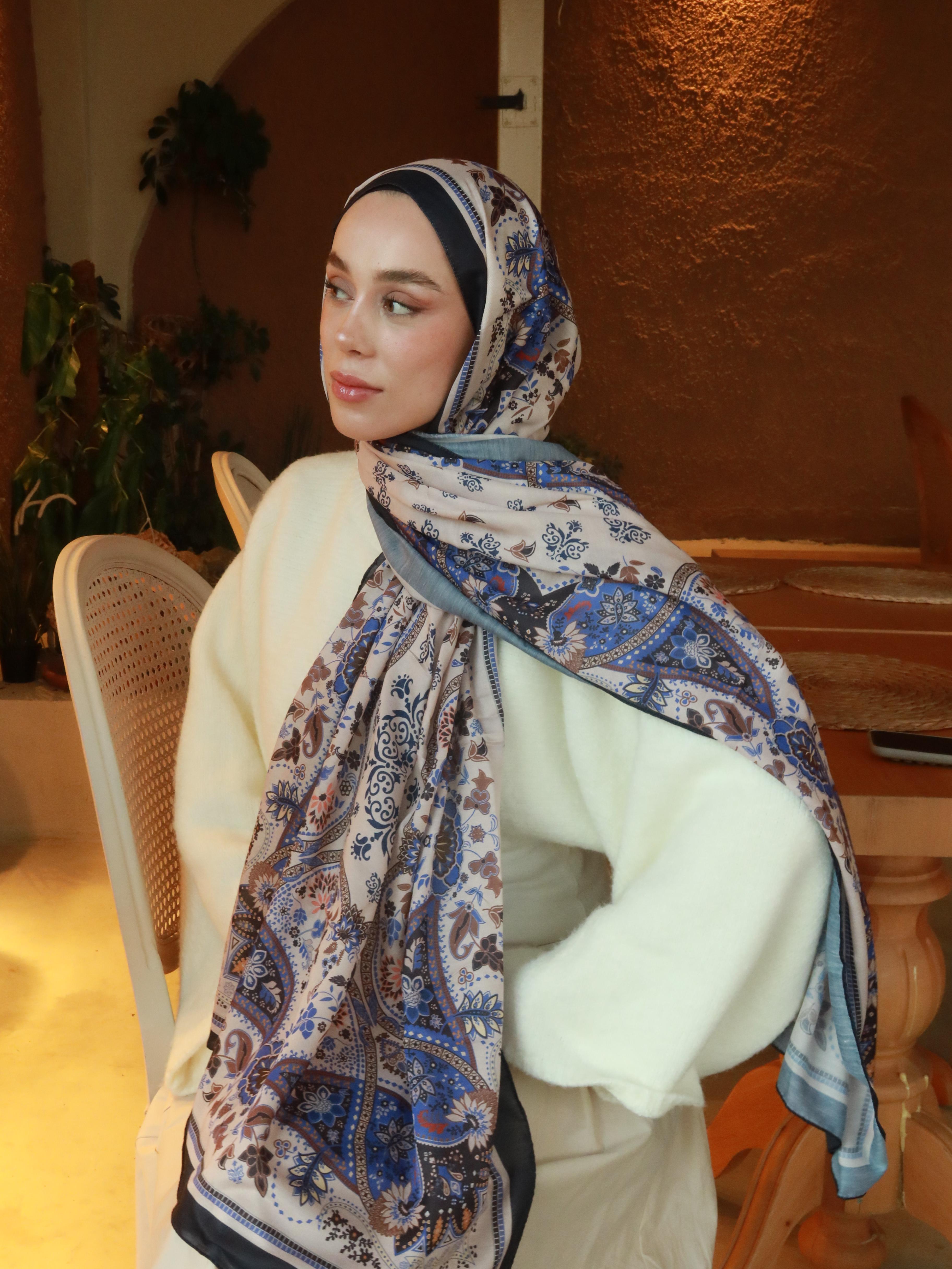 Lalezar Pattern Cotton Shawl - Lacivert-Bej