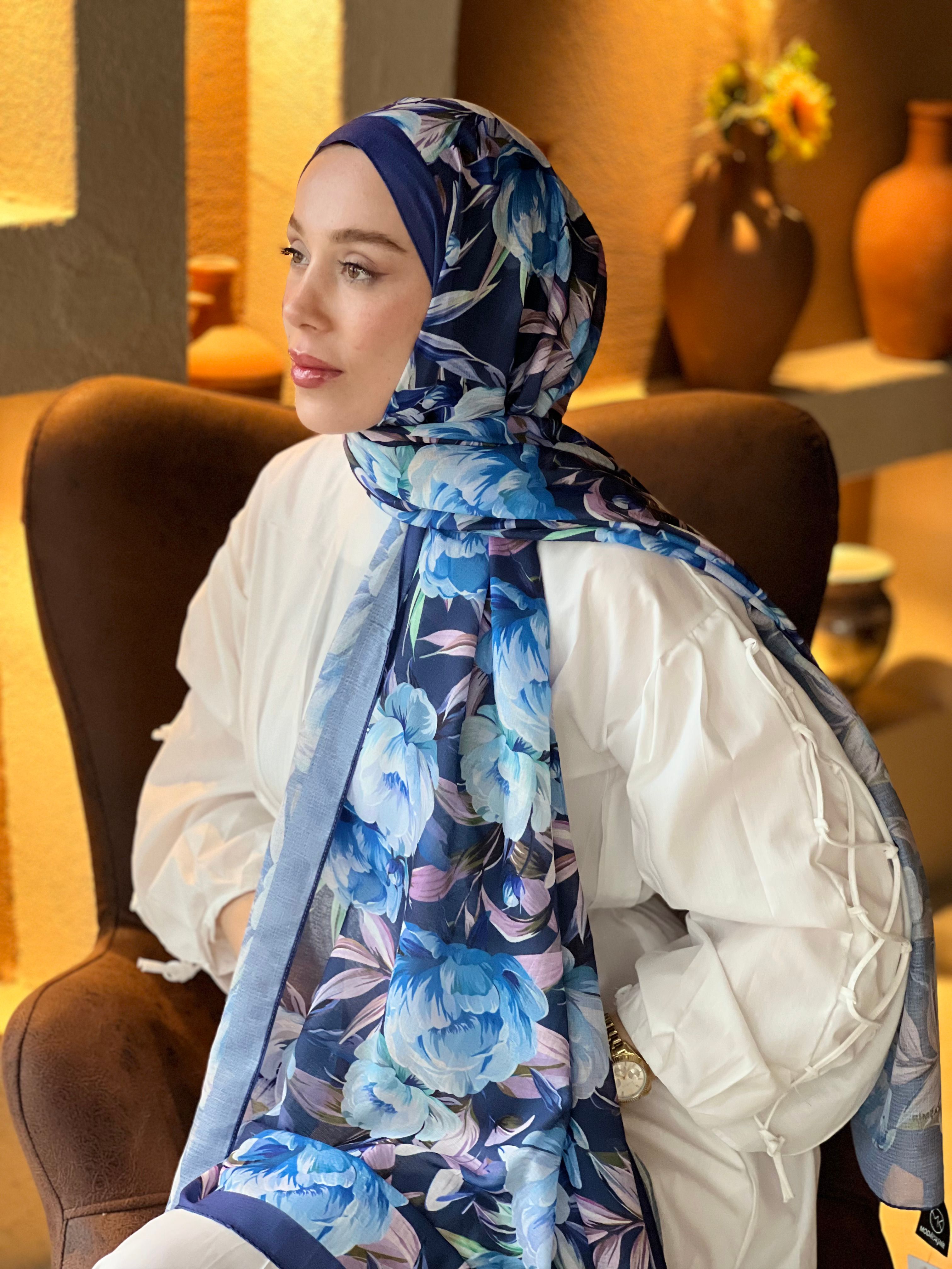 Seta Desen Lina Şal - Gece Mavisi-Mavi