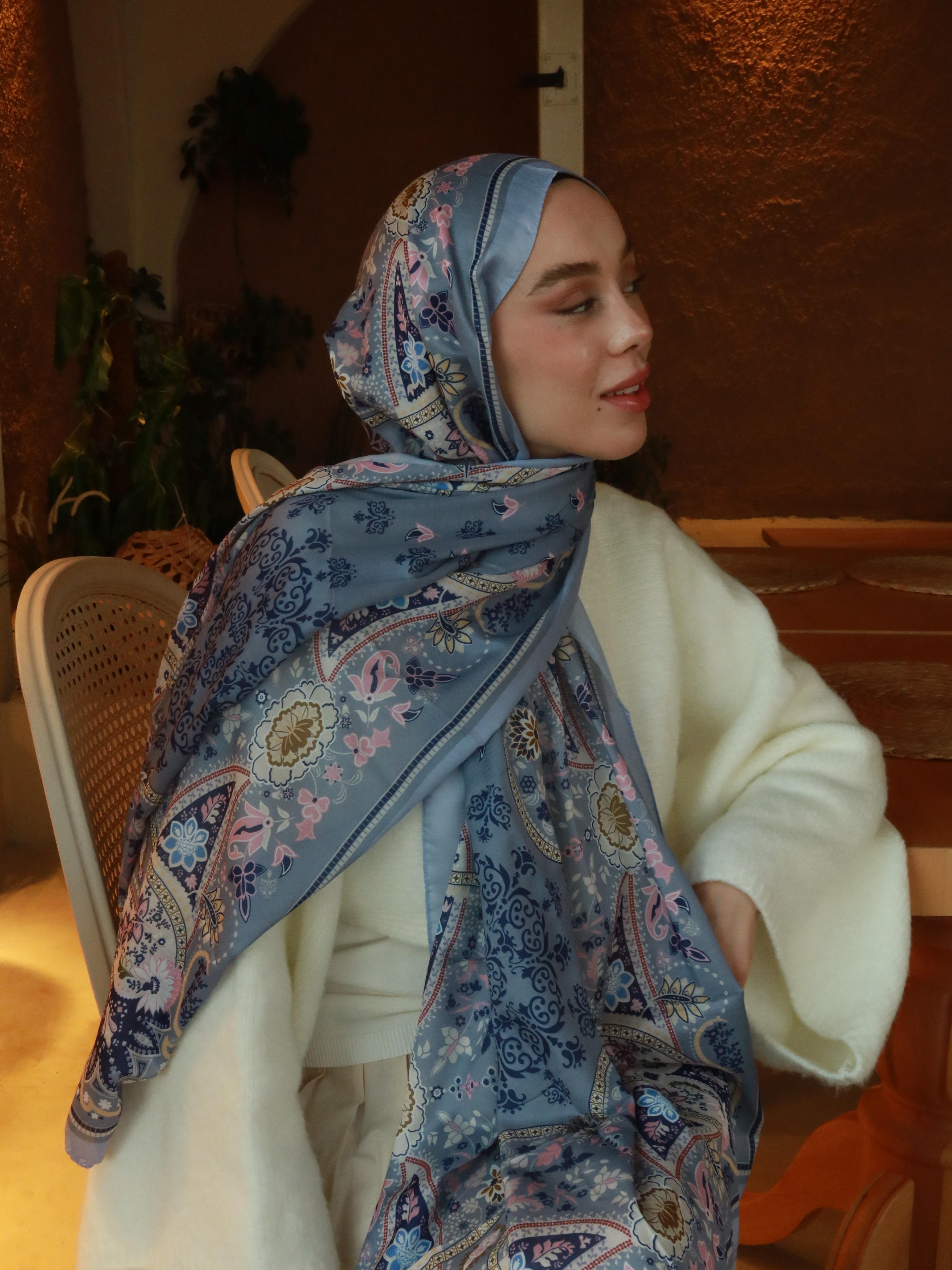 Lalezar Pattern Cotton Shawl - Mavi gri