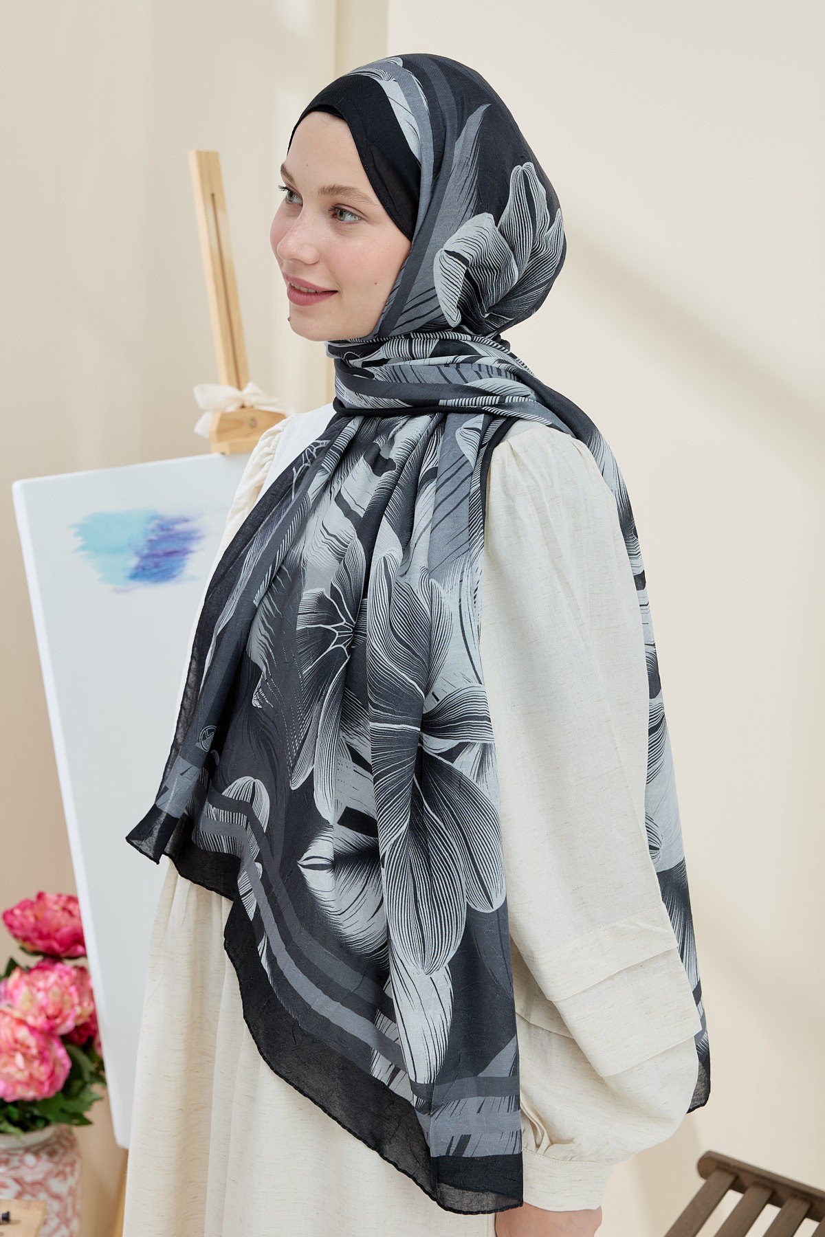 Palmira Desen Bambu Şal - Siyah-Gri