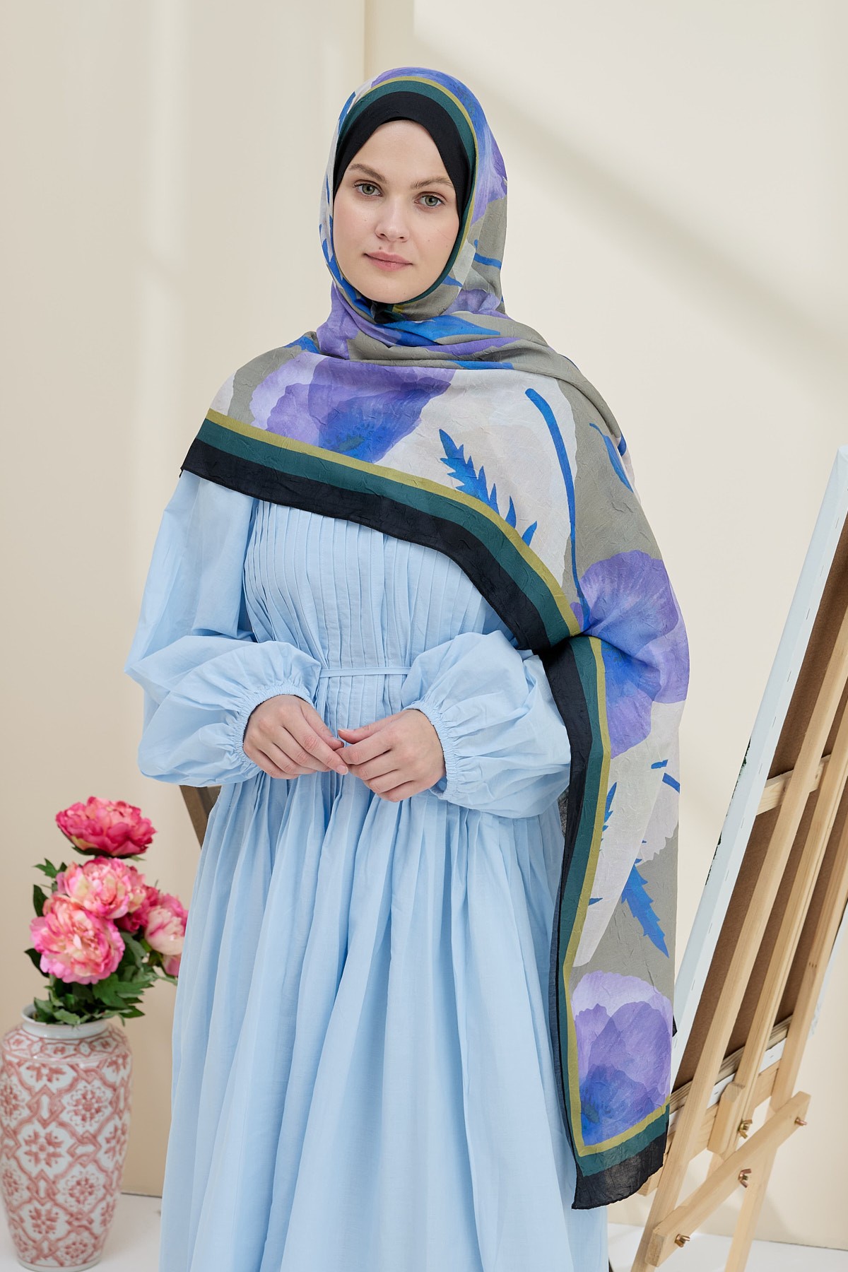 Poppy Pattern Bamboo Shawl - Black-Yellow