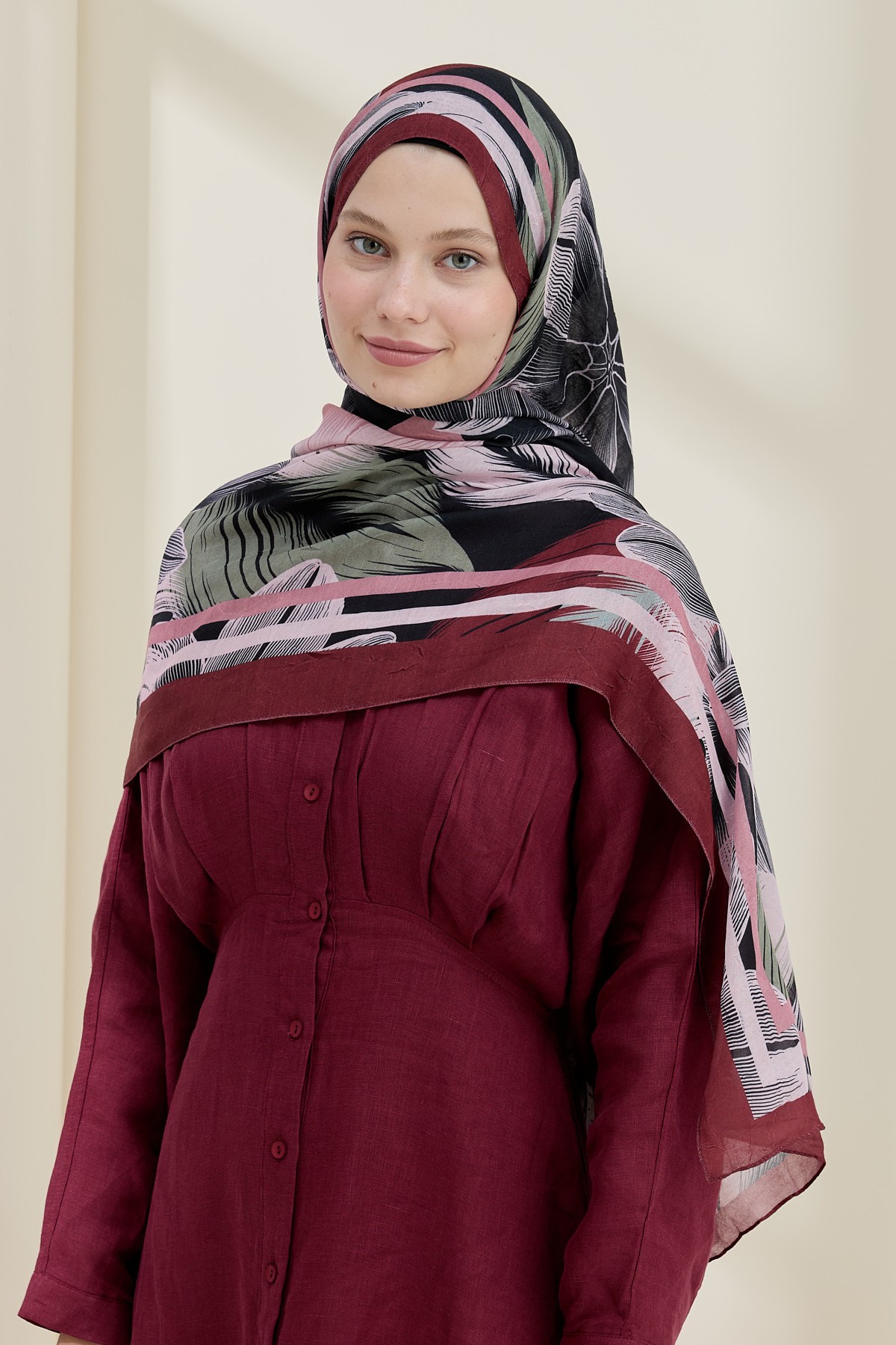 Palmira Desen Bambu Şal - Bordo