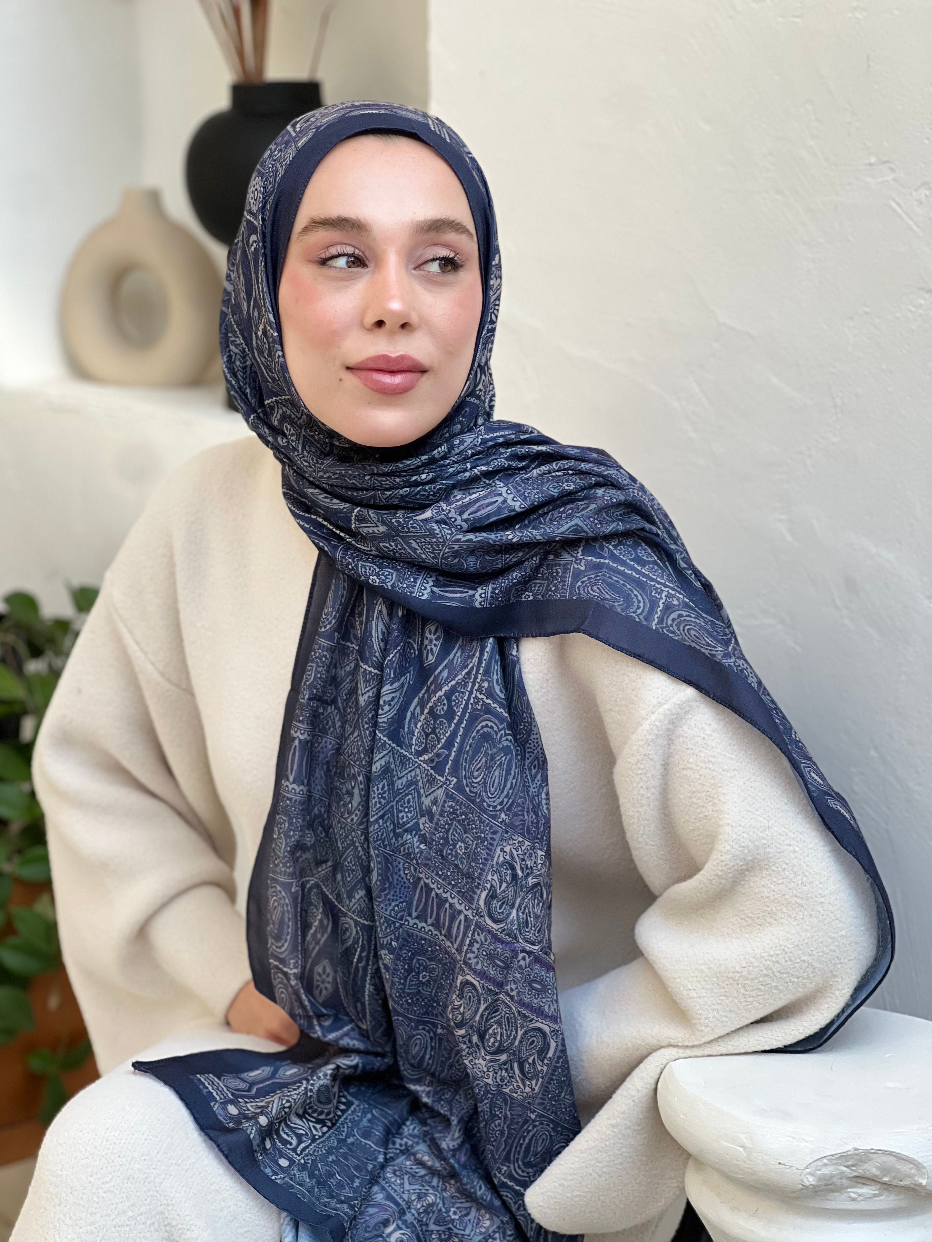 Siena Pattern Cotton Shawl - Navy Blue-Antique Beige