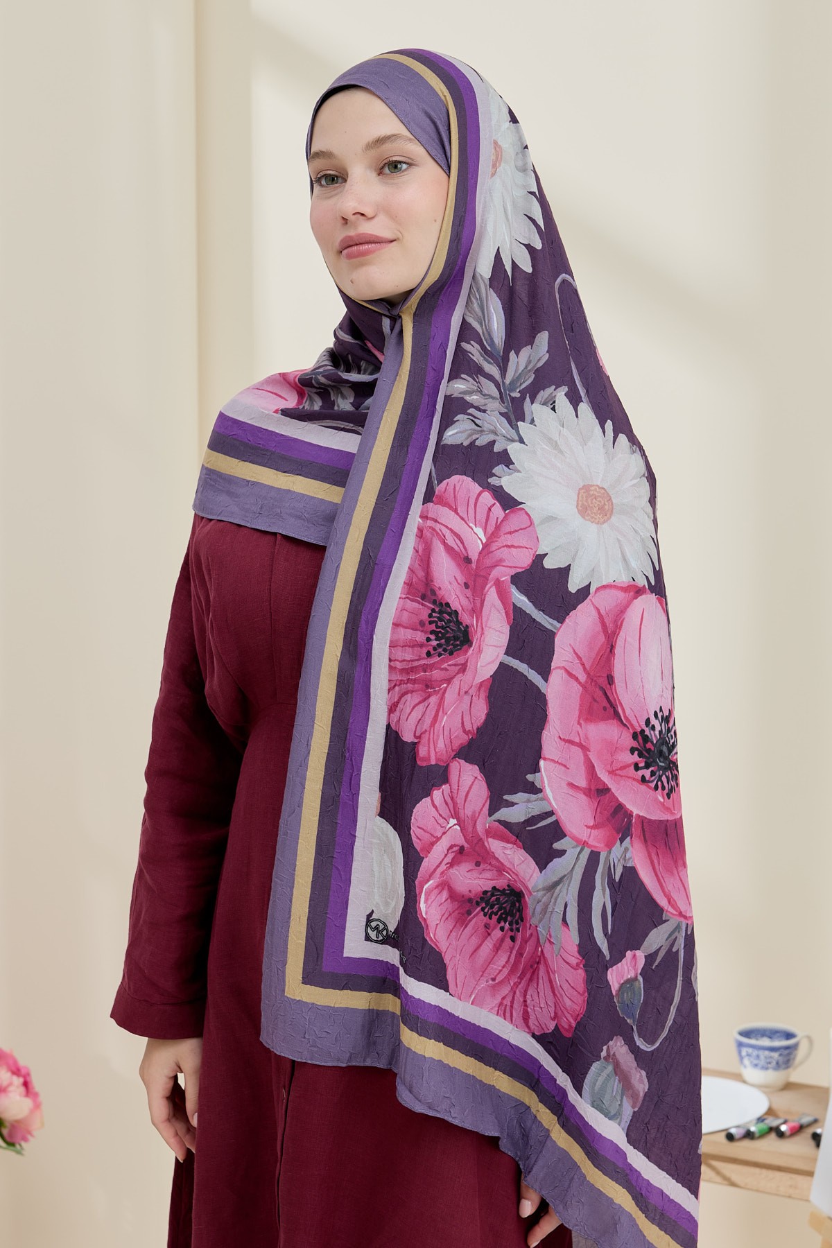 Margarit Pattern Bamboo Shawl - Magenta