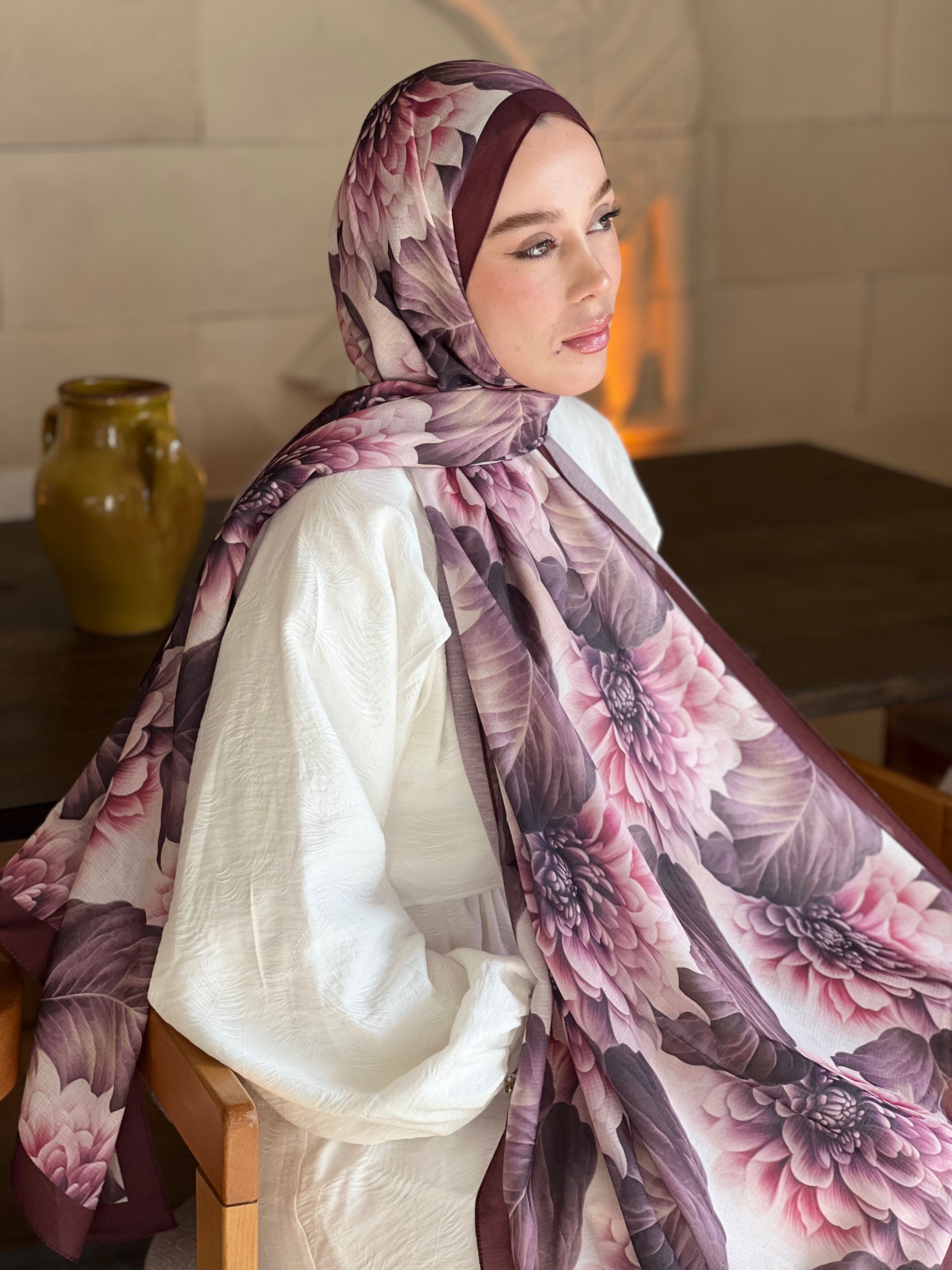 Ortanca Desen Lina Şal - Bordo