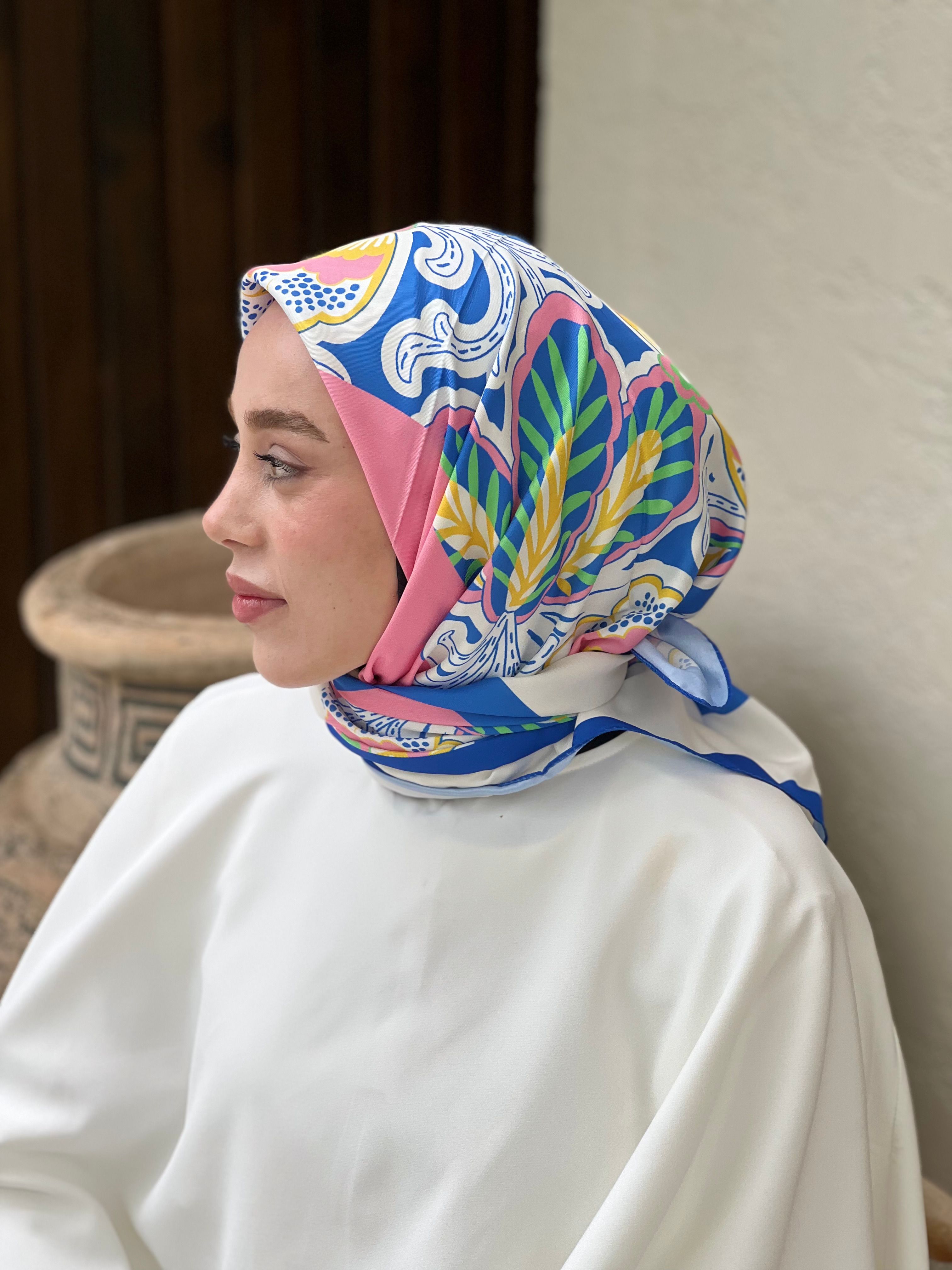 Sarmaşık Twill Eşarp - Saks Mavisi-Pembe