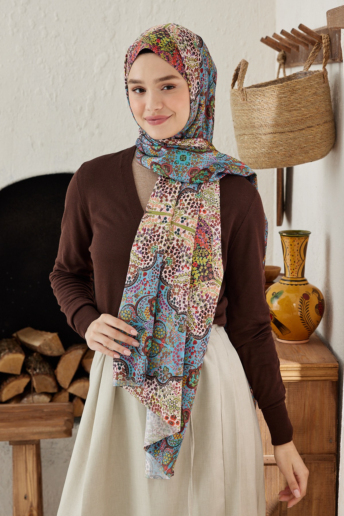 Silky Shawl Munhani Pattern - Pudra-Marin