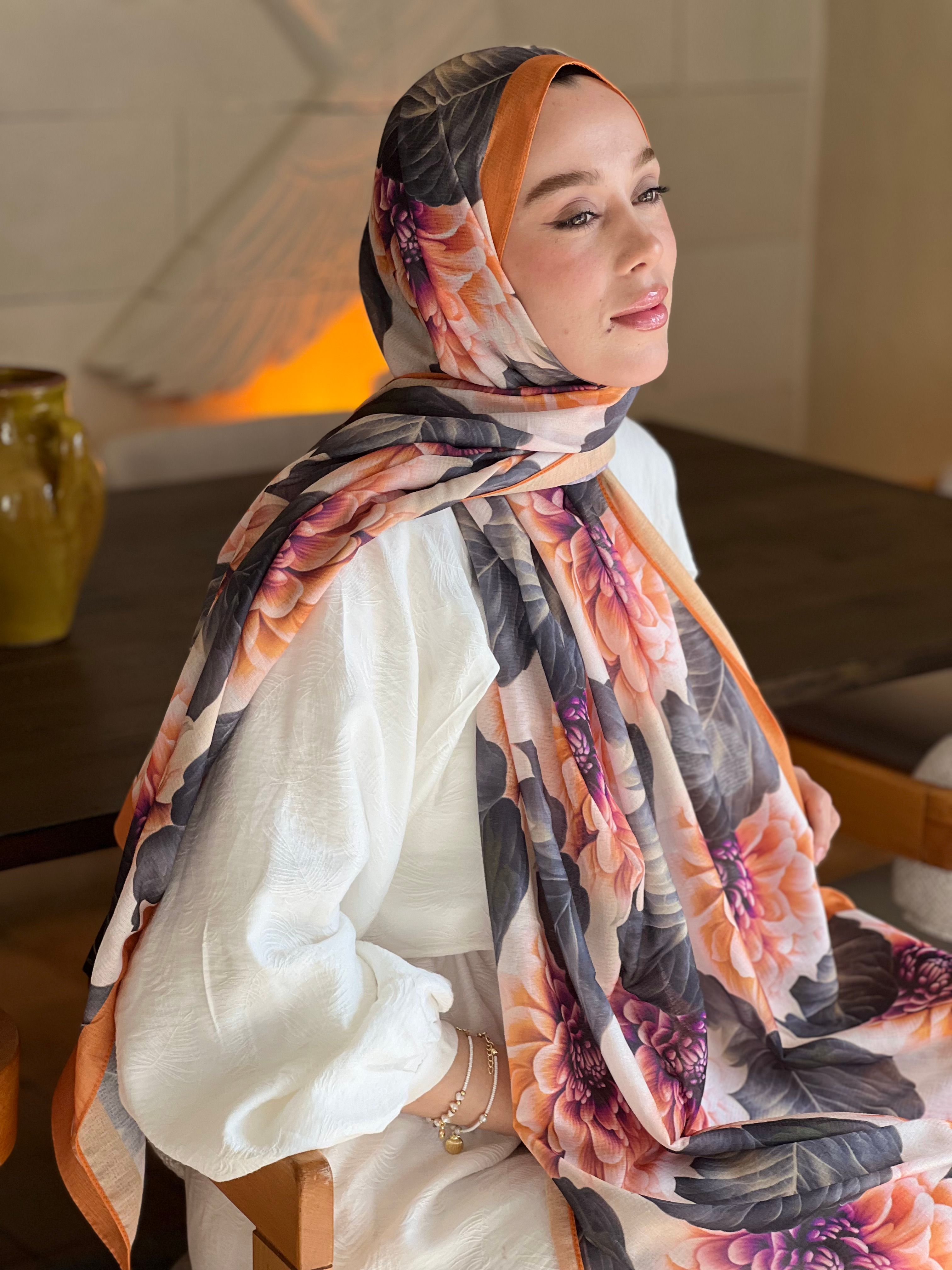 Ortanca Desen Lina Şal - Turuncu