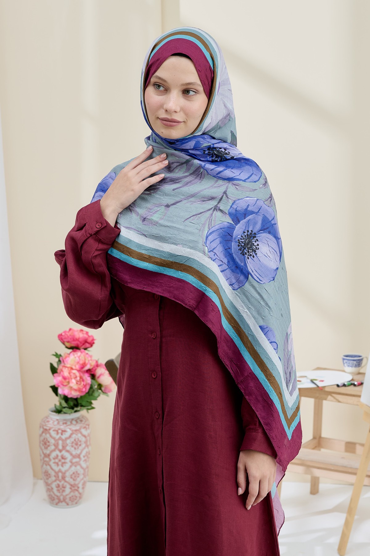 Margarit Pattern Bamboo Shawl - Cherry