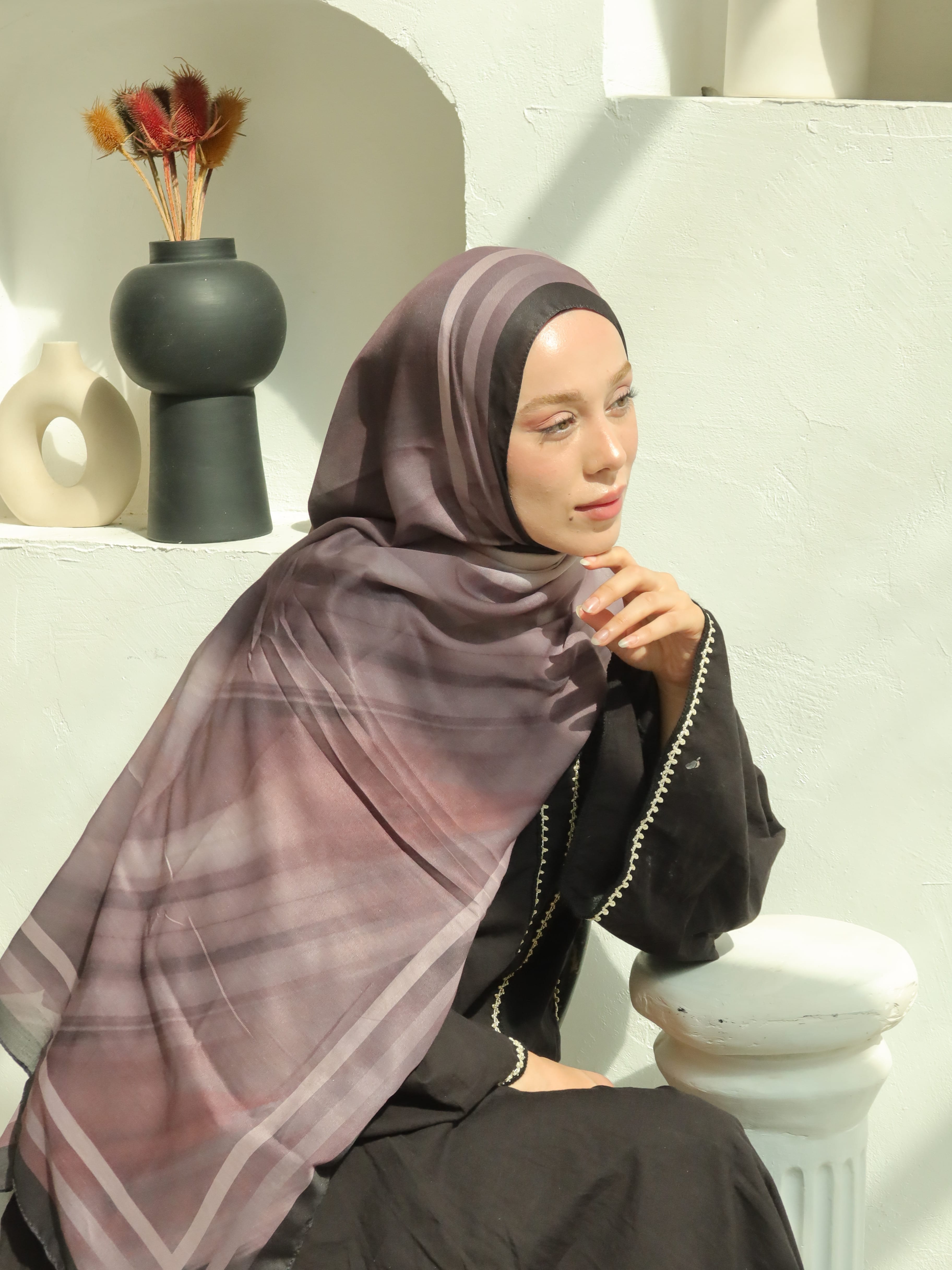 Mirea Desen Pamuk Şal - Siyah-Rubin