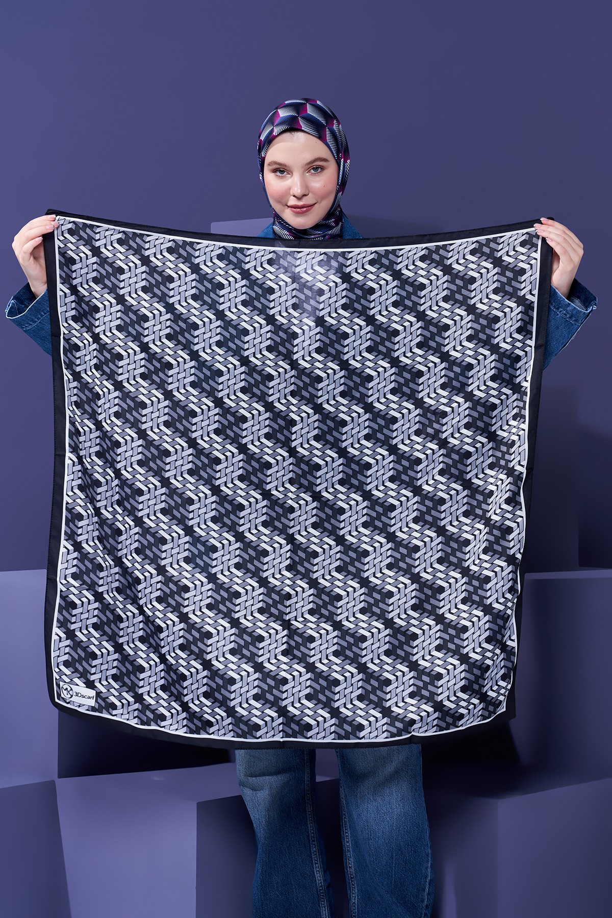3D Scarf Cube Pattern Cotton Scarf