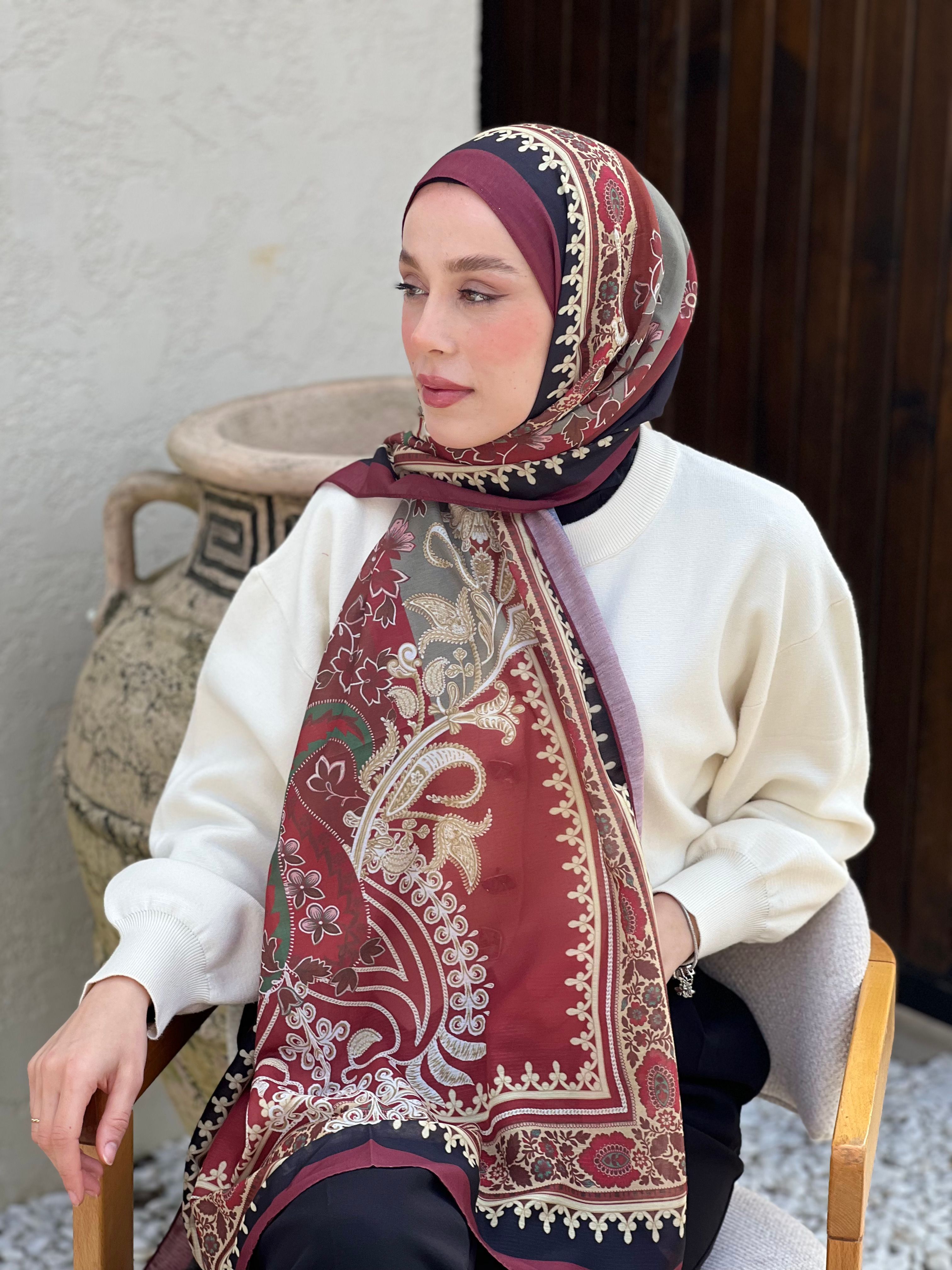 Meknes Pattern Lina Shawl - Burgundy-Black