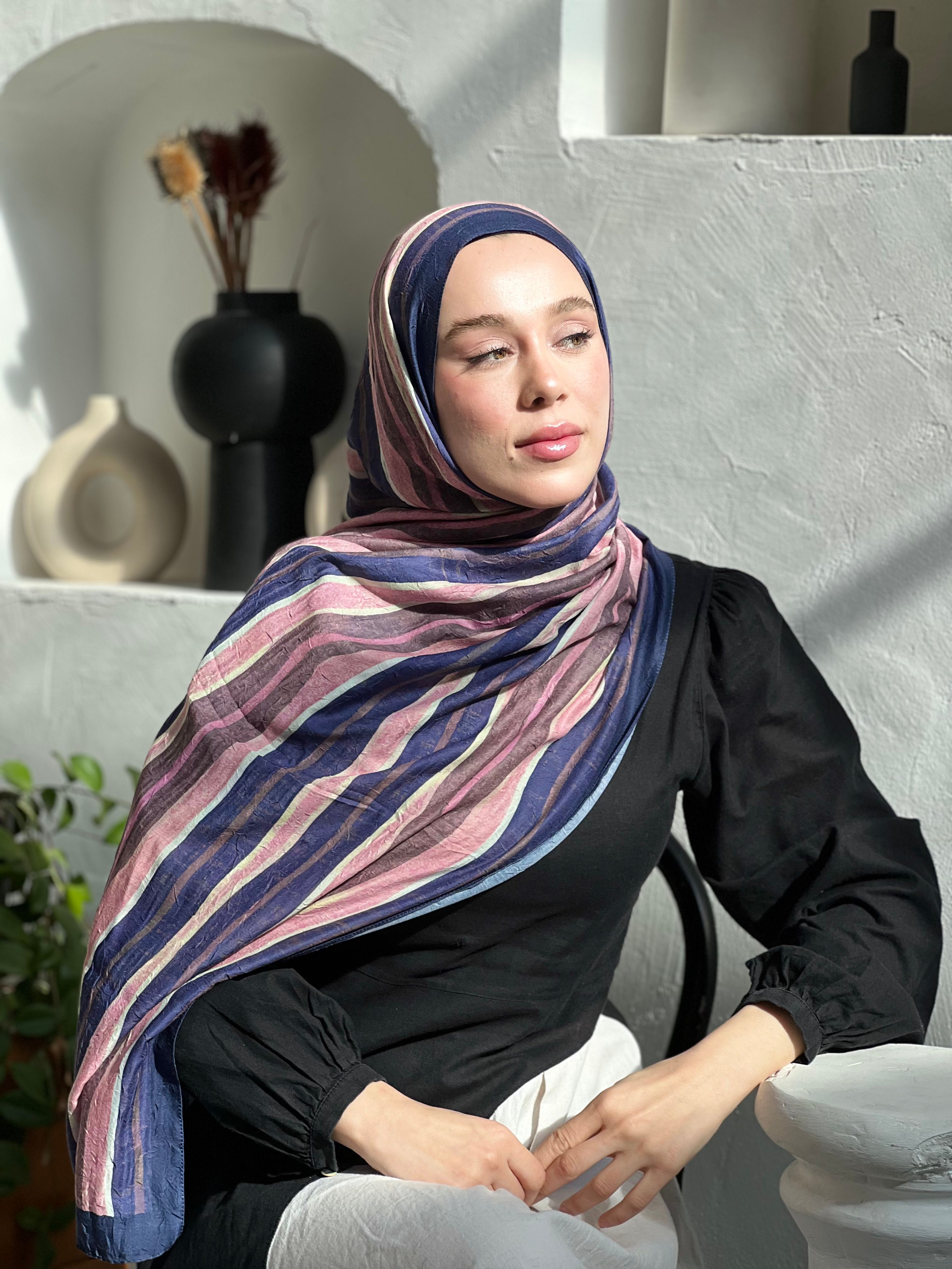 Stripe Pattern Bamboo Shawl - Navy Blue-Powder