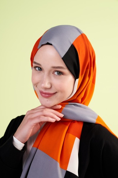 Geometric Pattern Medina Silk Shawl - Black Orange