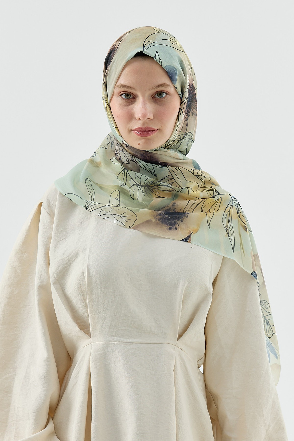 Zambak Desen Aya Şal - Soft Yeşil-Sarı