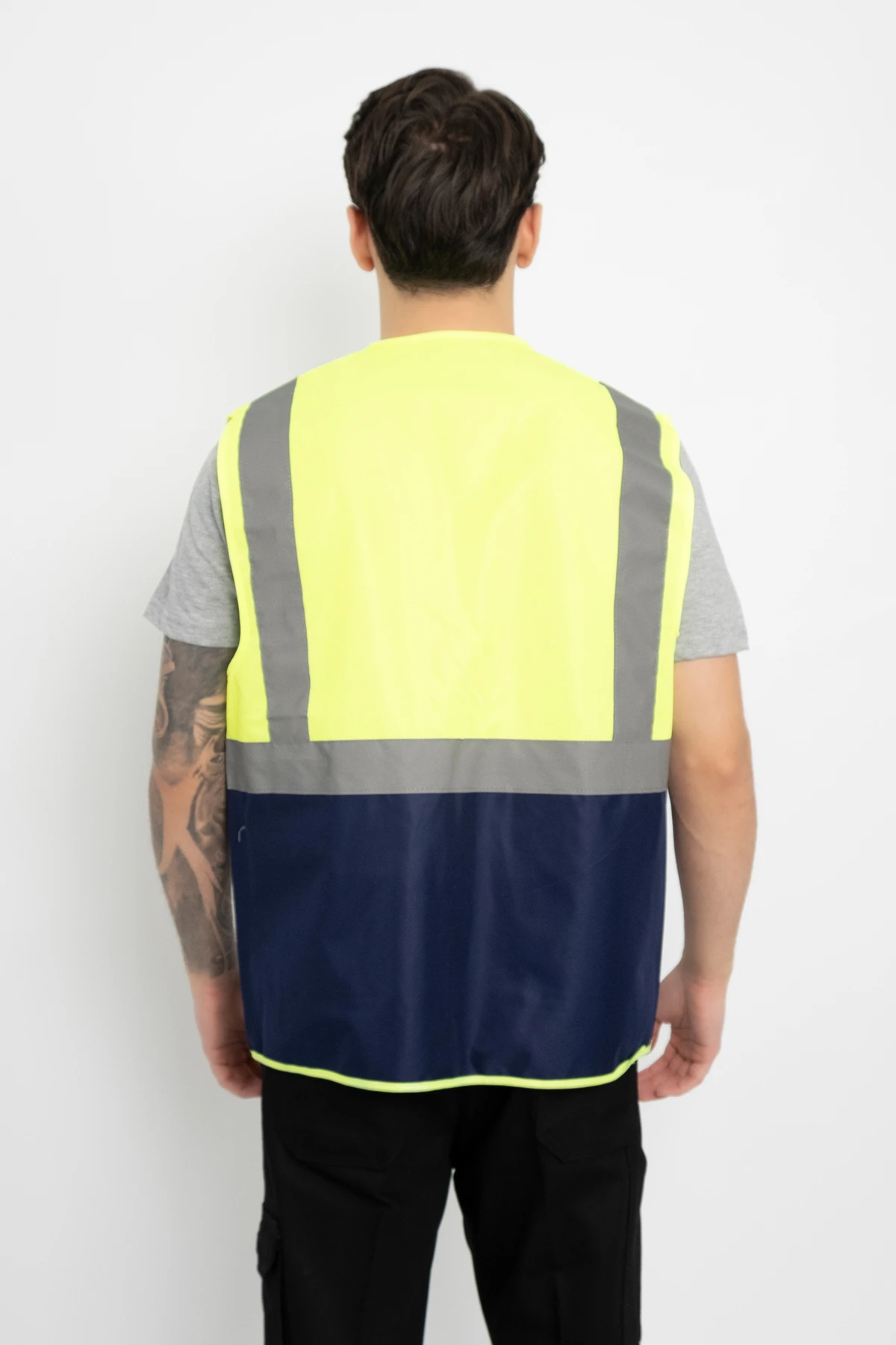 Fosforlu İsimlikli İkaz Yeleği Fermuarlı Kapaklı Cepli (Mühendis Tipi Kalın) Çift Renk Lacivert-Sarı
