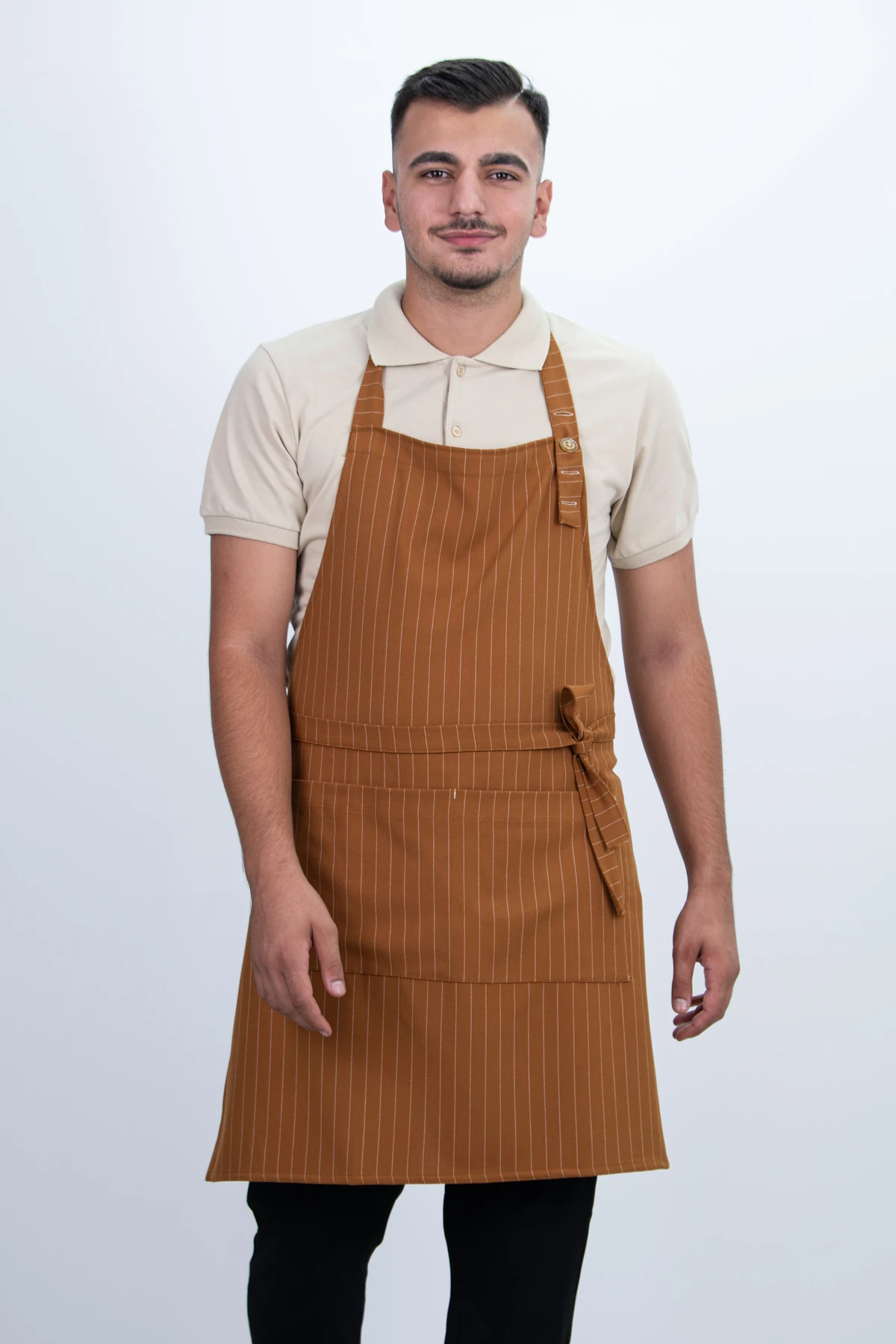Çizgili Düğmeli Arkadan Ayarlanabilir Cepli Önlük