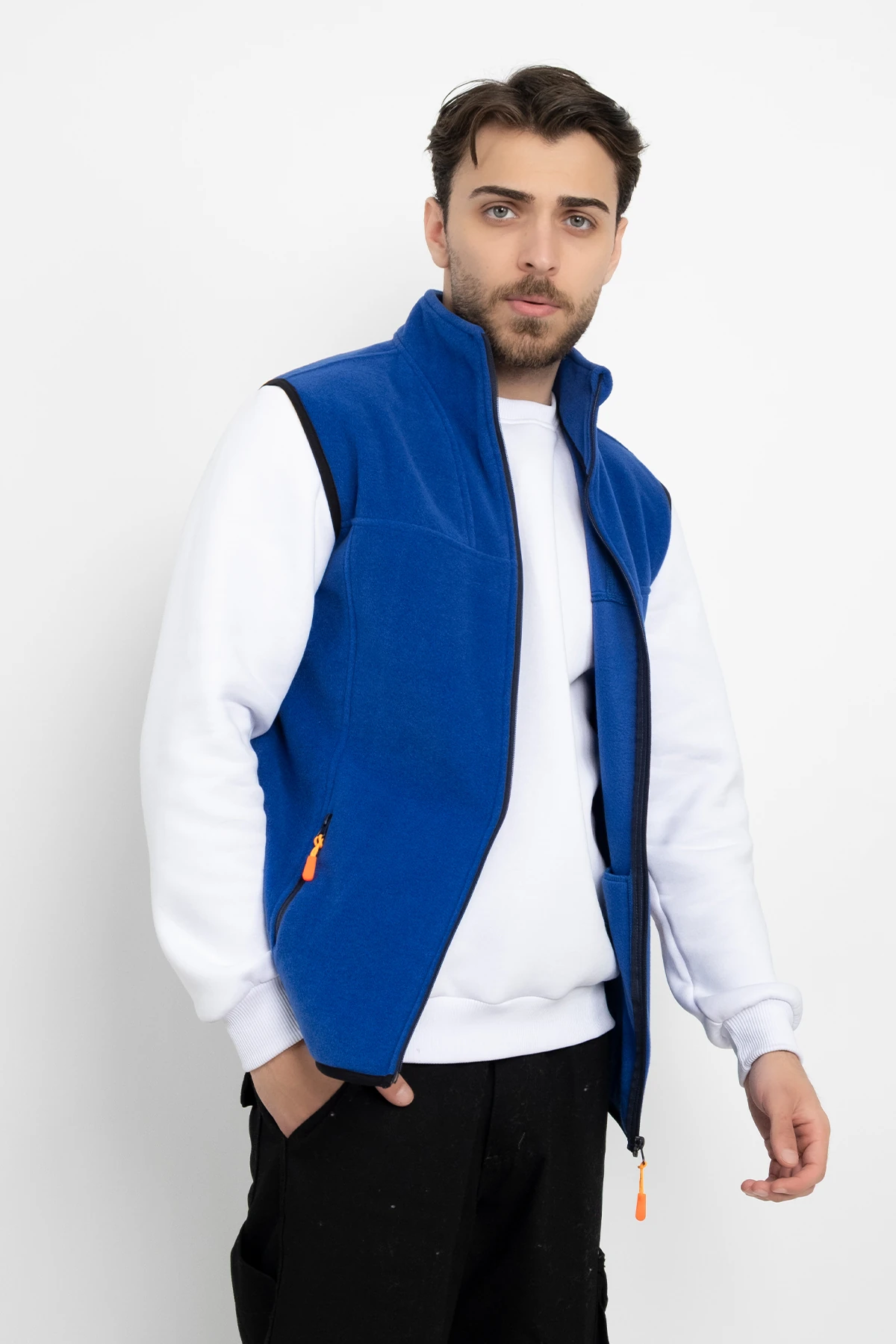 Unisex Traşlanmış Tüylenmez Armalı Cepli Polar Yelek Standart Tam Fermuarlı Soğuk Geçirmez Yelek