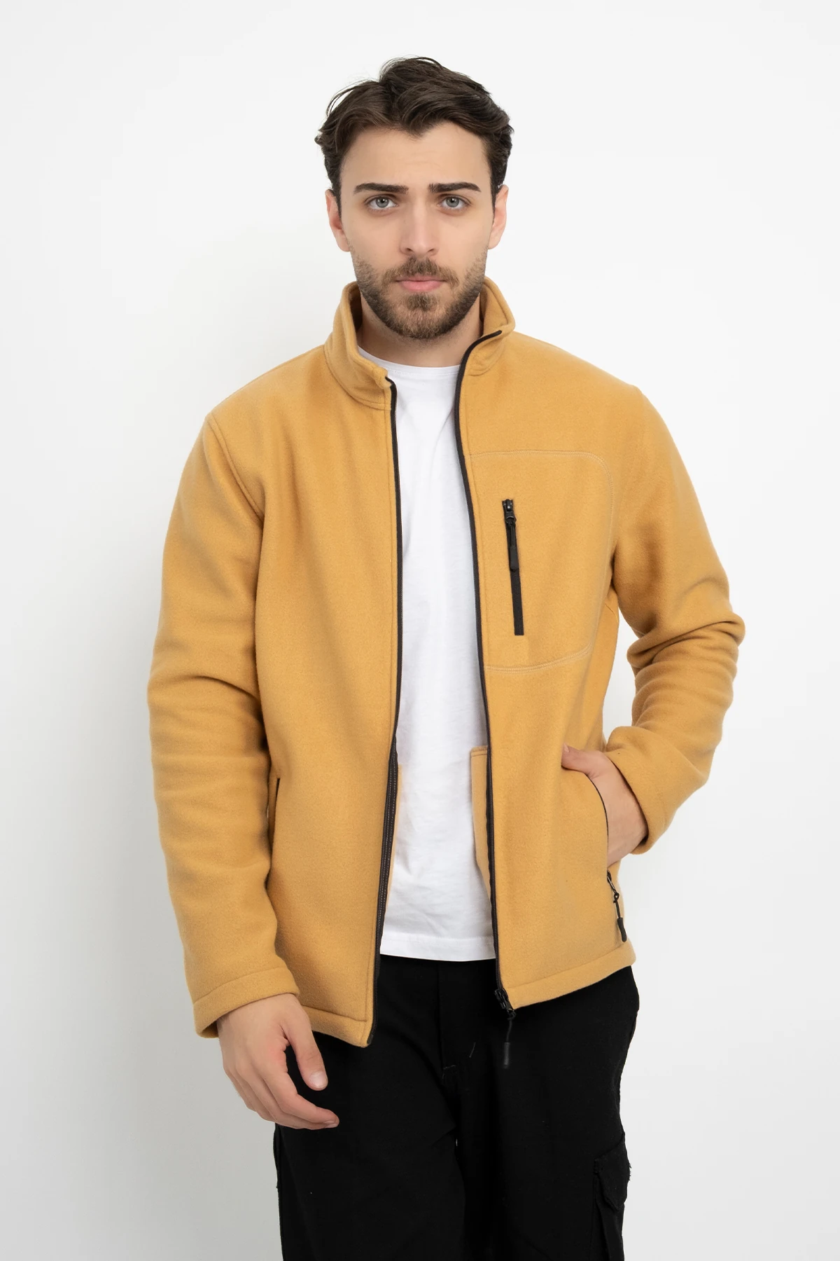 Unisex Traşlanmış Tüylenmez Cepli Polar Ceket Standart Tam Fermuarlı Soğuk Geçirmez Polar Mont