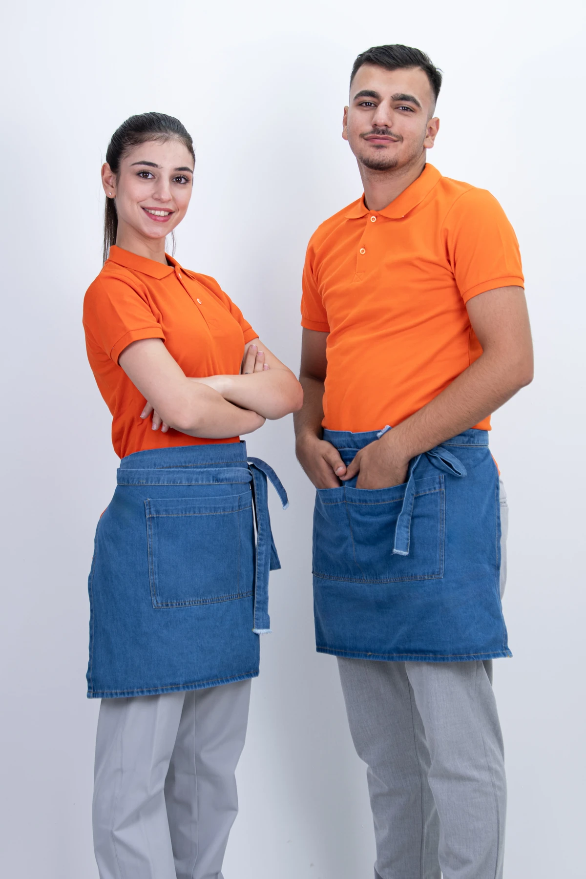 Düz Çift Cepli Kot Önlük