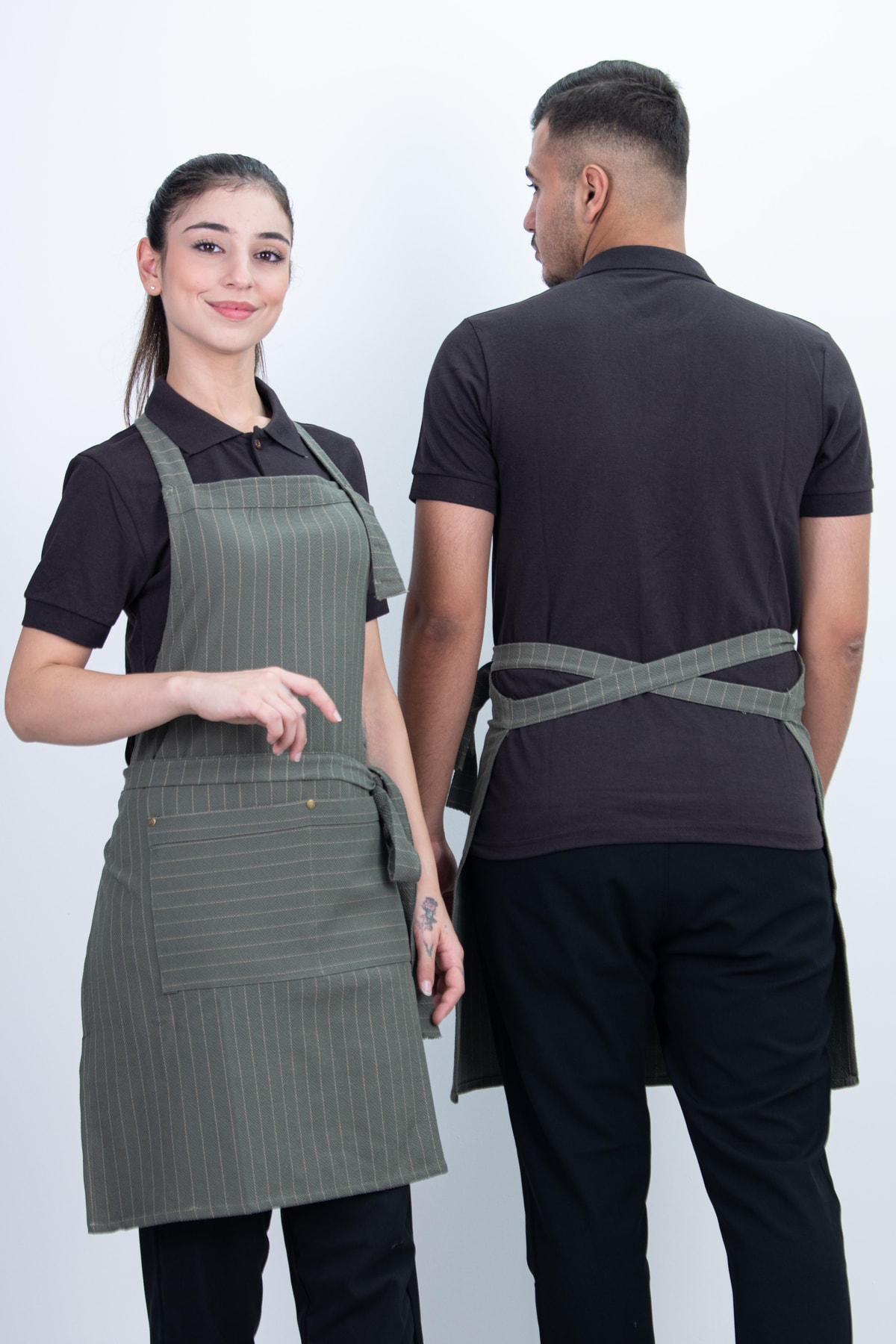 Çizgili Unisex Düğmeli Ayarlanabilir Cepli Önlük