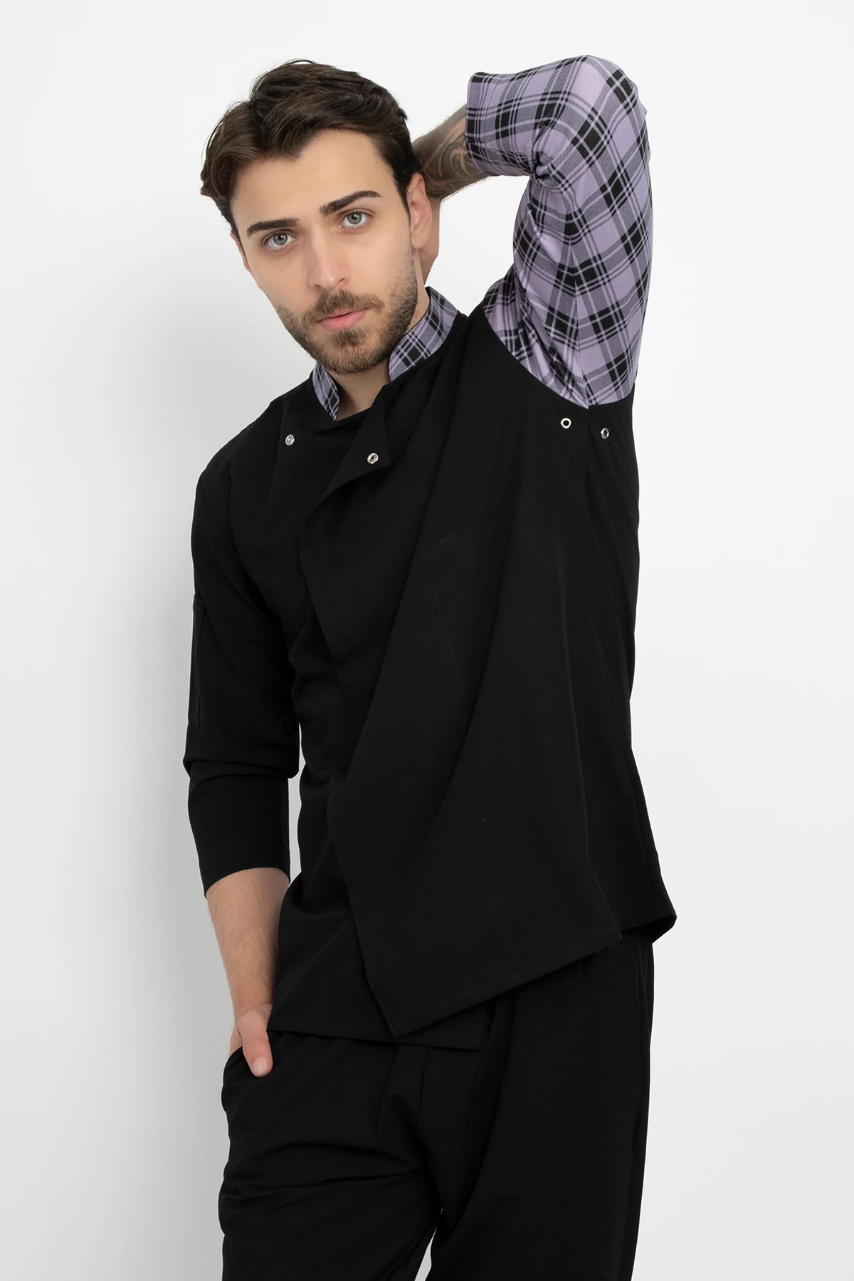 Lila Ekose Desenli Aşçı Şef Ceket Aşçı Uniforma (Chef Ceket) Personel Kıyafeti