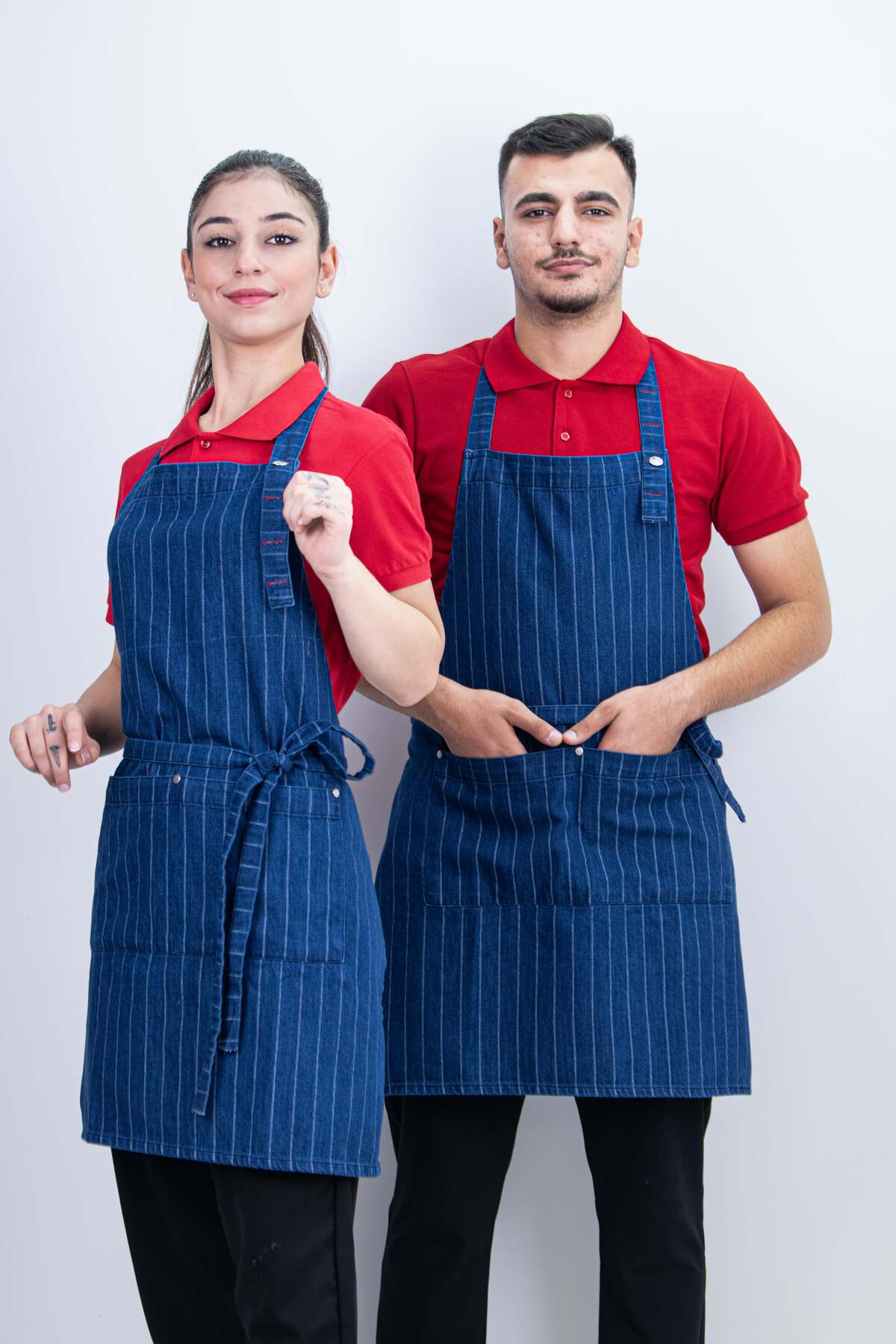 Çizgili Kot Cepli Ayarlanabilir 2 Parça Düğmeli Arkadan Bağcıklı Önlük