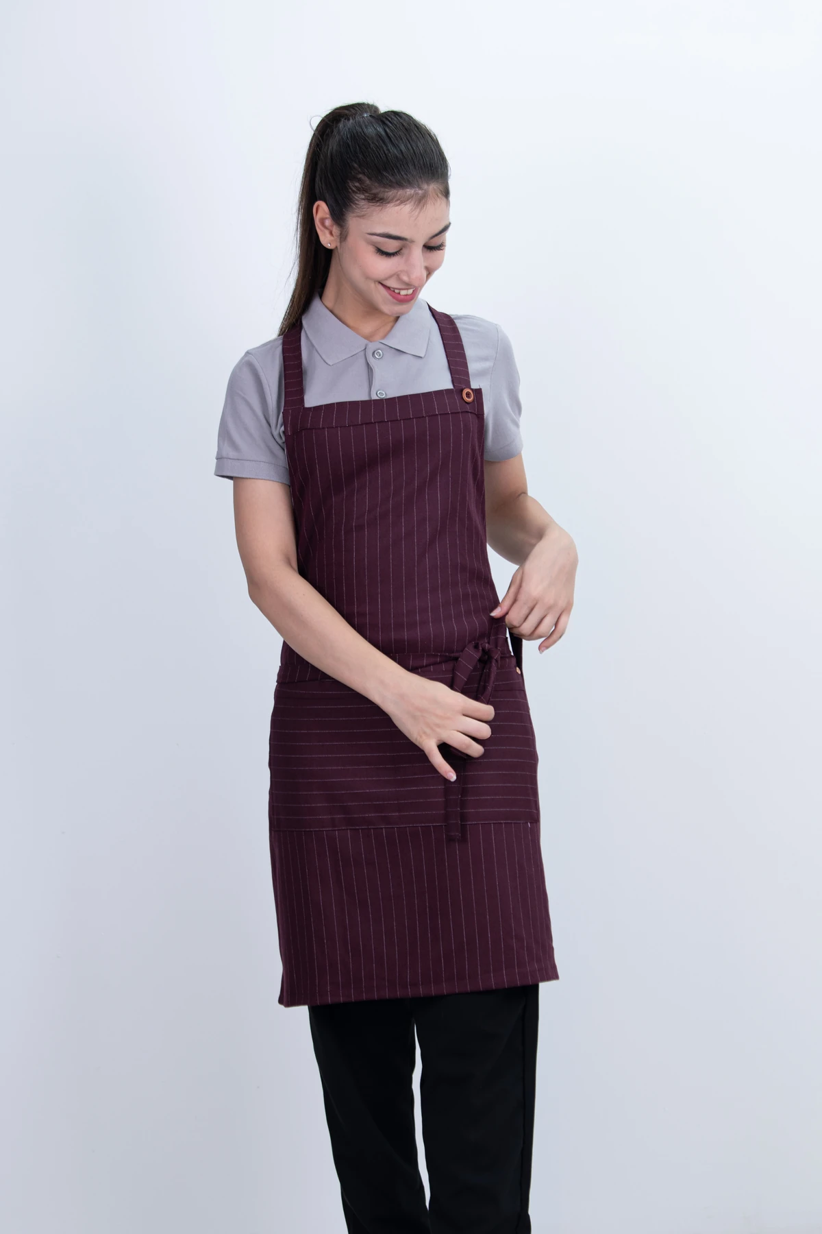 Çizgili Düğmeli Arkadan Ayarlanabilir Cepli Önlük