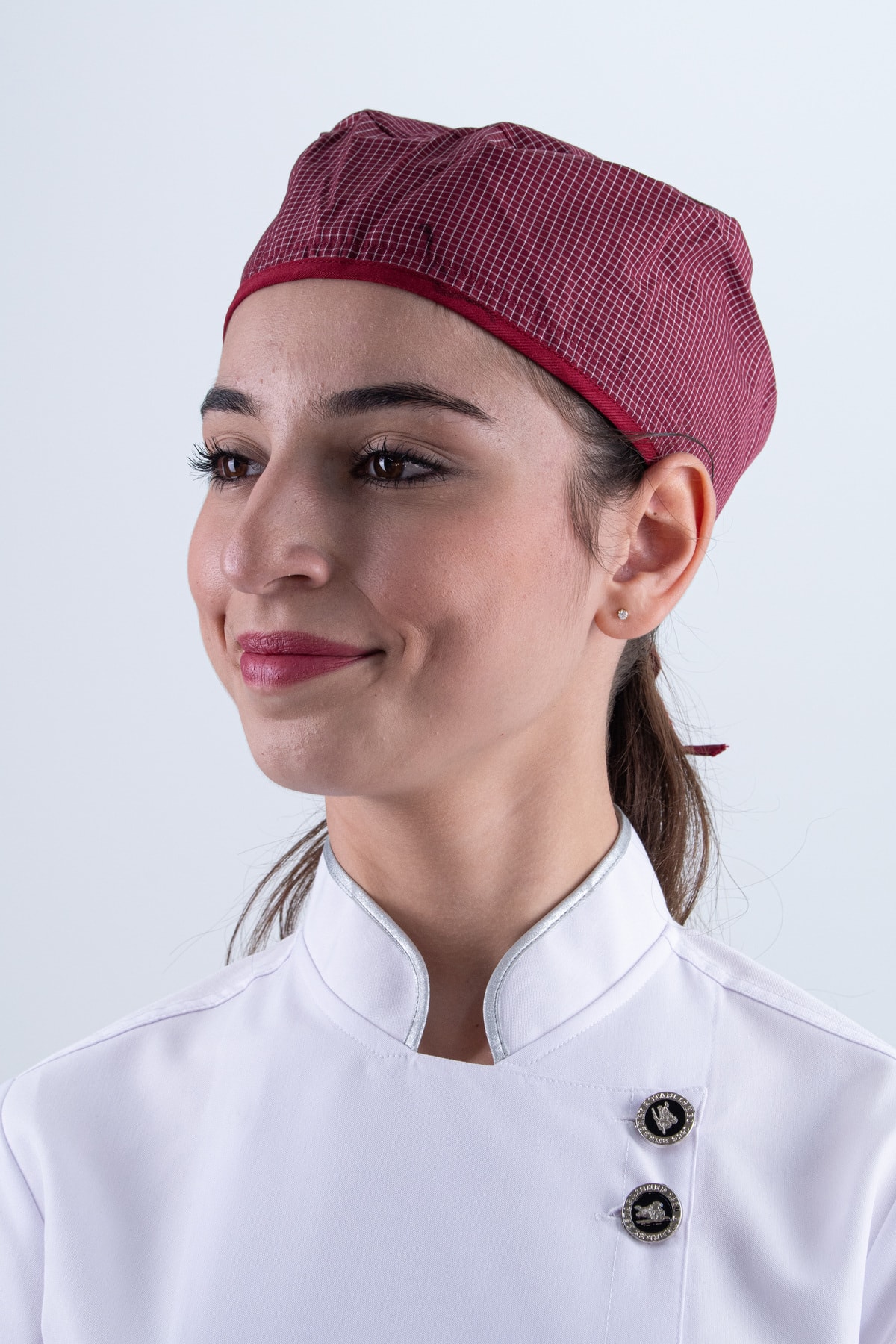 Chef Bone Kep Aşçı Şef Şapkası Kare Desenli Bordo