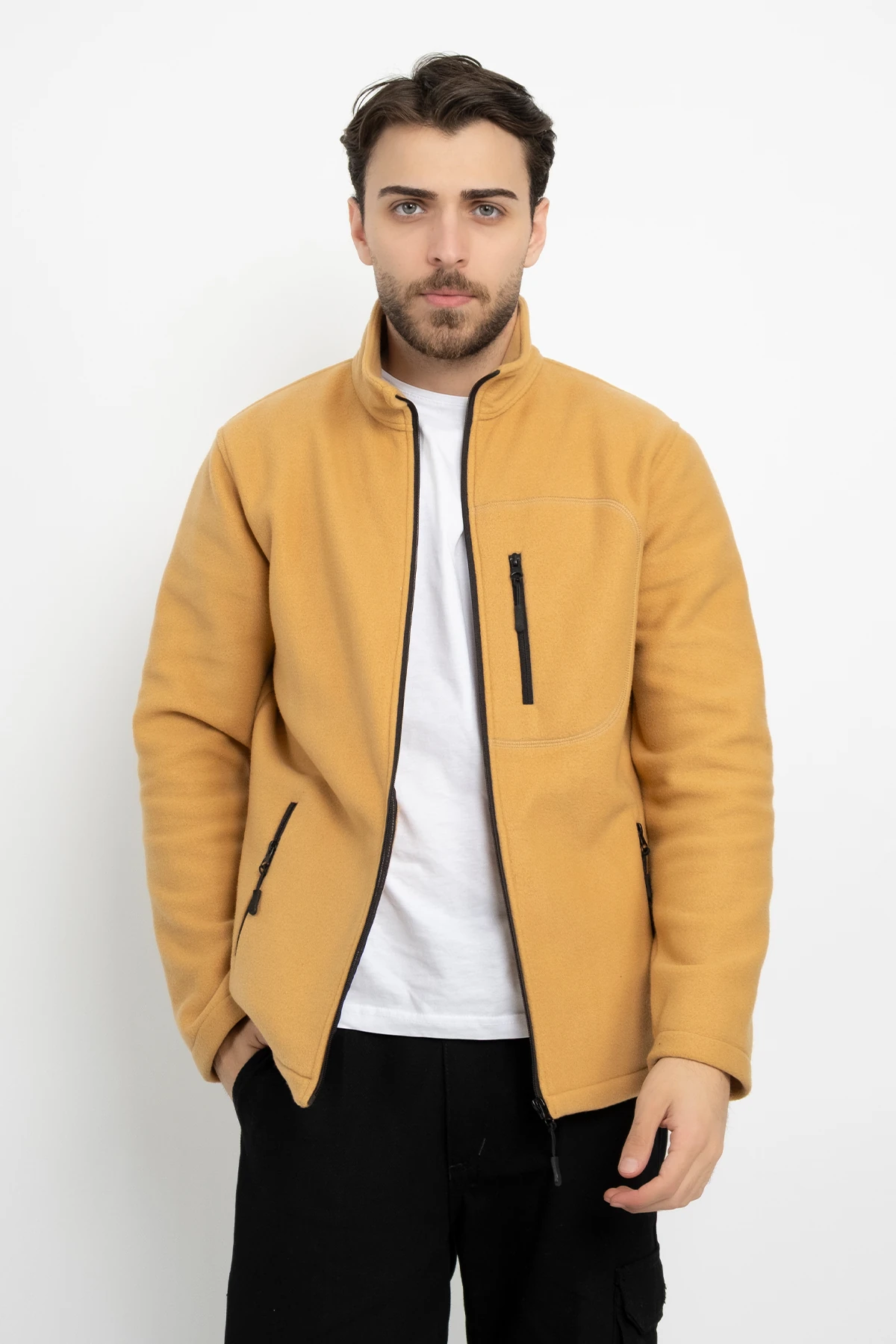 Unisex Traşlanmış Tüylenmez Cepli Polar Ceket Standart Tam Fermuarlı Soğuk Geçirmez Polar Mont