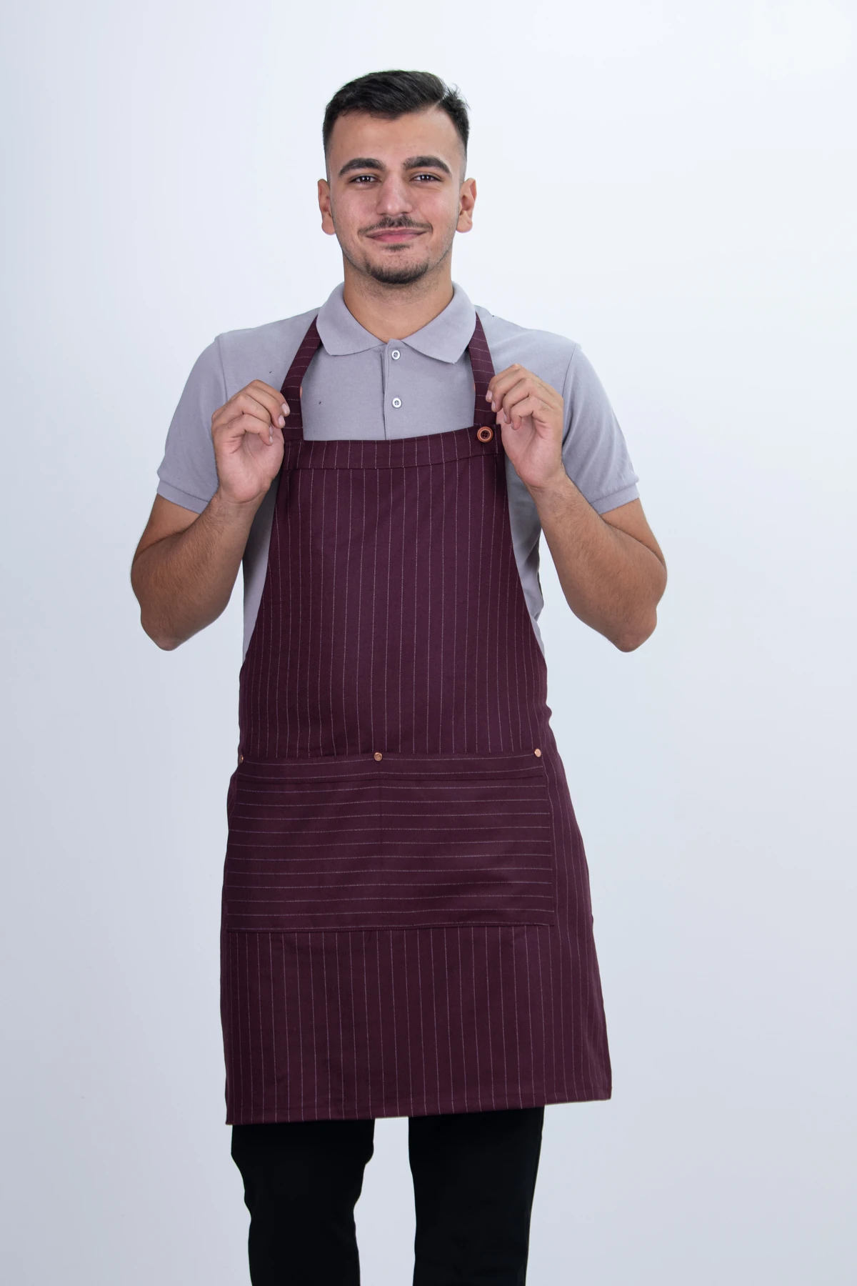 Çizgili Düğmeli Arkadan Ayarlanabilir Cepli Önlük