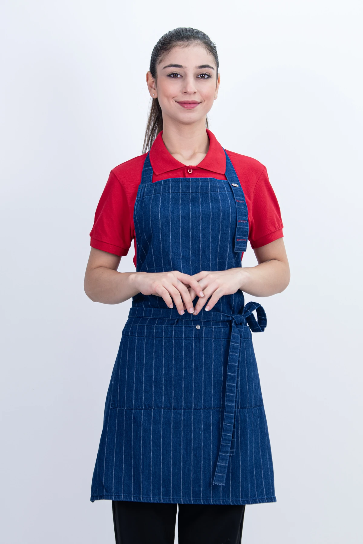 Çizgili Kot Cepli Ayarlanabilir 2 Parça Düğmeli Arkadan Bağcıklı Önlük