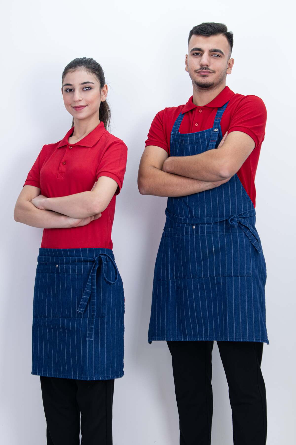 Çizgili Kot Cepli Ayarlanabilir 2 Parça Düğmeli Arkadan Bağcıklı Önlük