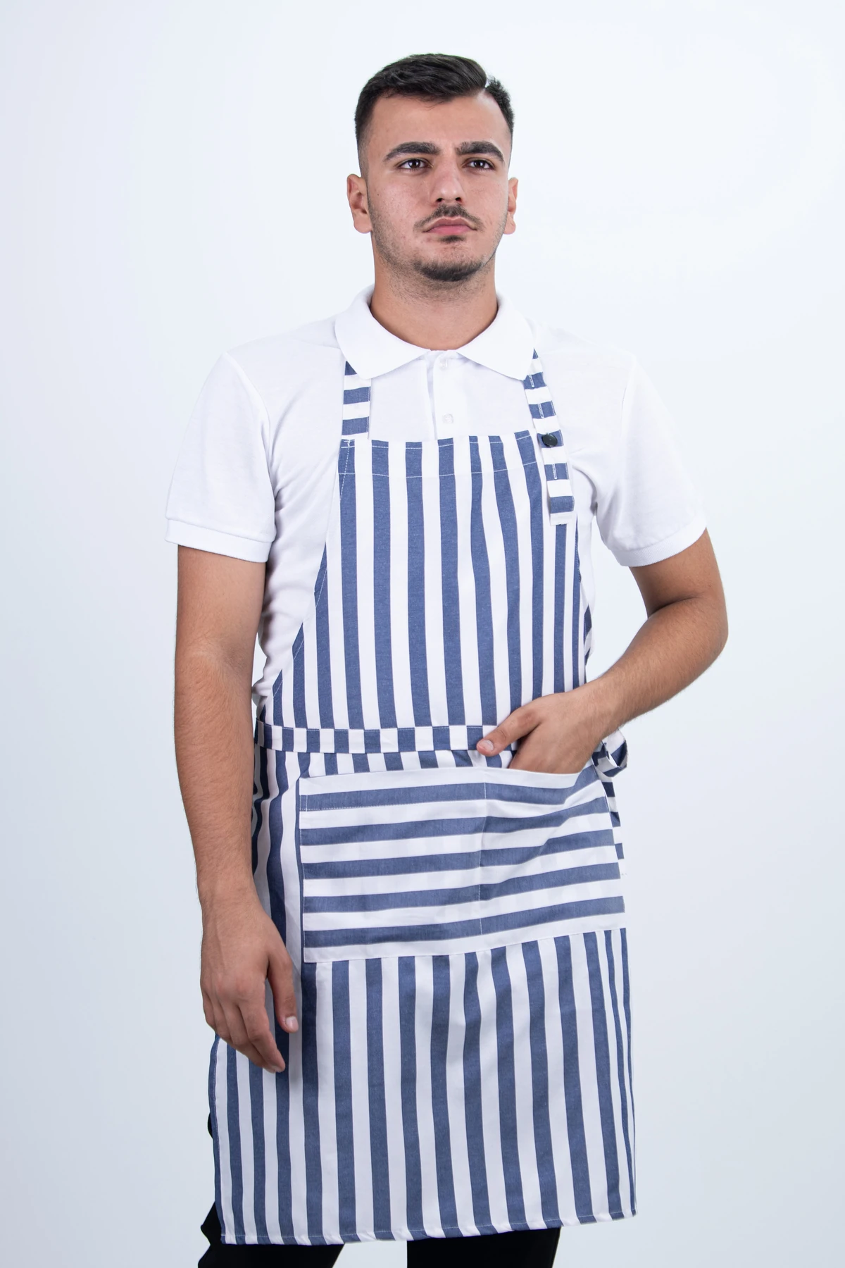 Çizgili Unisex Boydan Ayarlanabilir Cepli Önlük