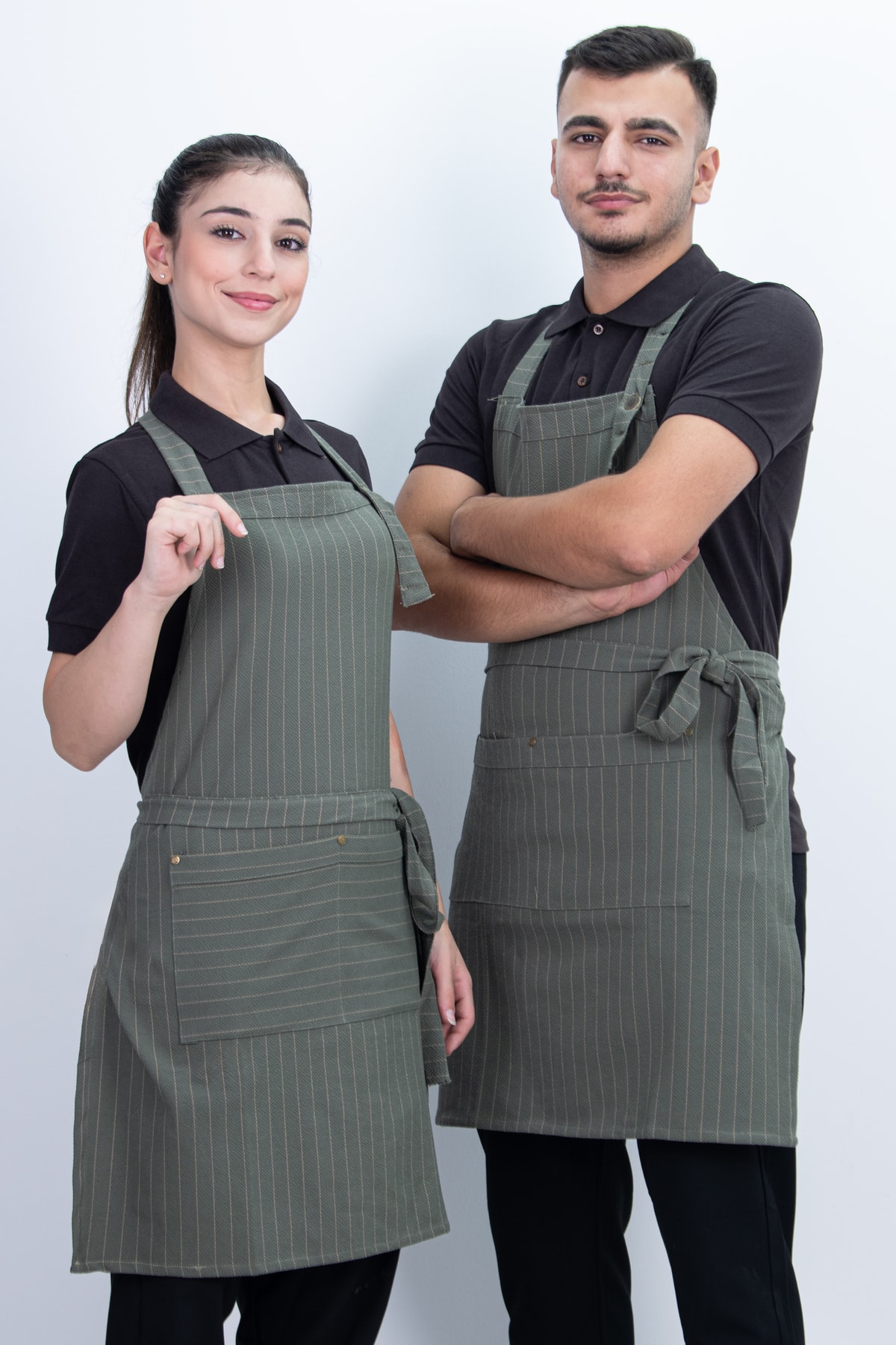 Çizgili Unisex Düğmeli Ayarlanabilir Cepli Önlük