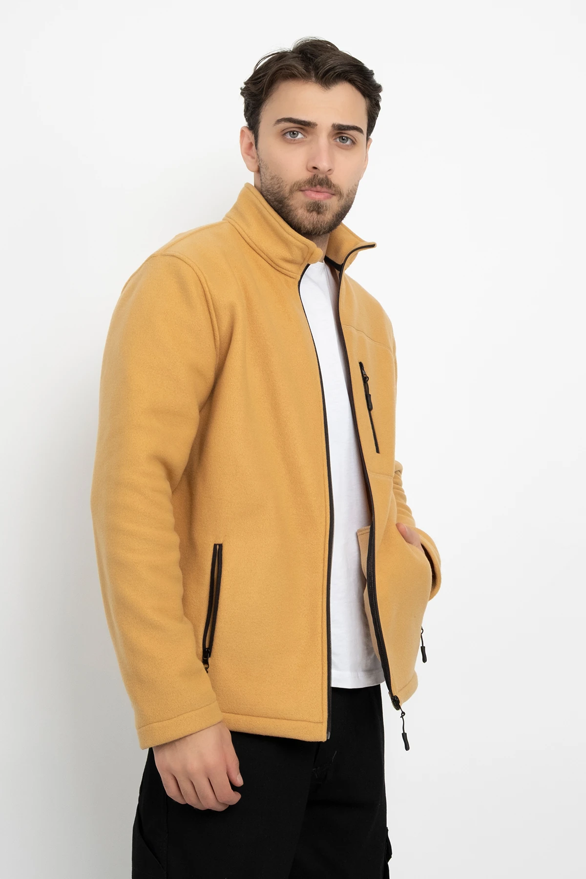 Unisex Traşlanmış Tüylenmez Cepli Polar Ceket Standart Tam Fermuarlı Soğuk Geçirmez Polar Mont