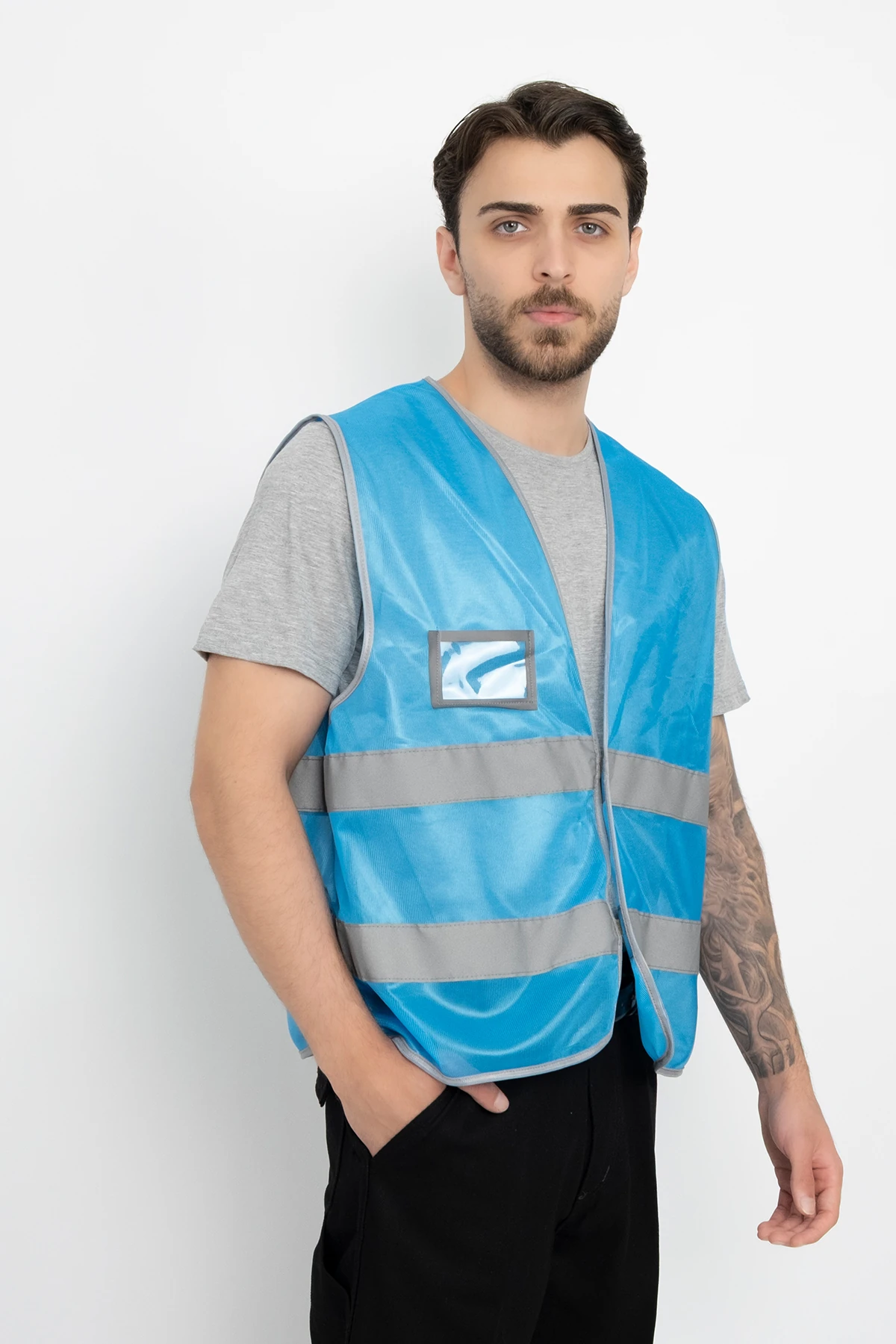 İsimlikli İkaz Yeleği Fosforlu Cırtlı Cepli (Universal Tip Kalın ) Çift Renk İş Güvenliği Mavi-Gri