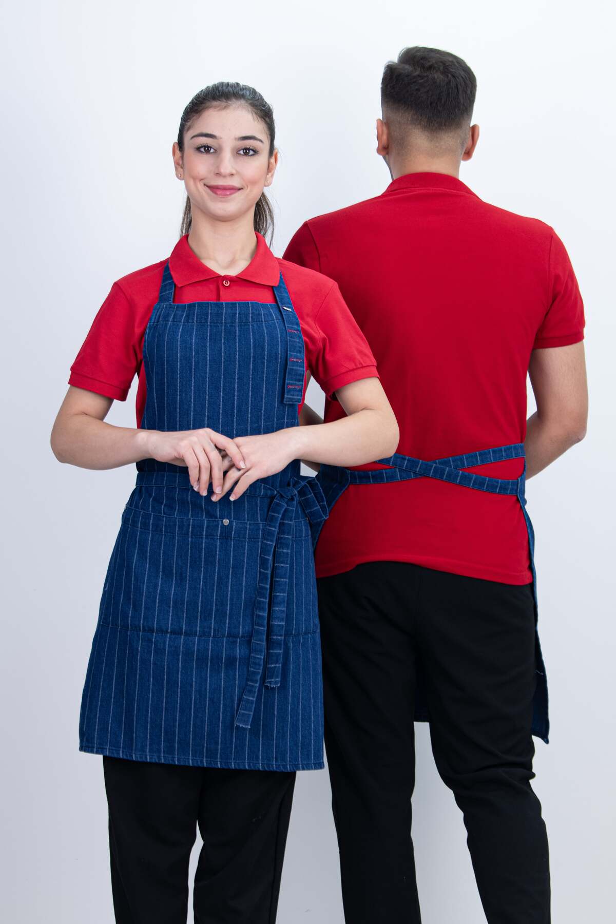 Çizgili Kot Cepli Ayarlanabilir 2 Parça Düğmeli Arkadan Bağcıklı Önlük