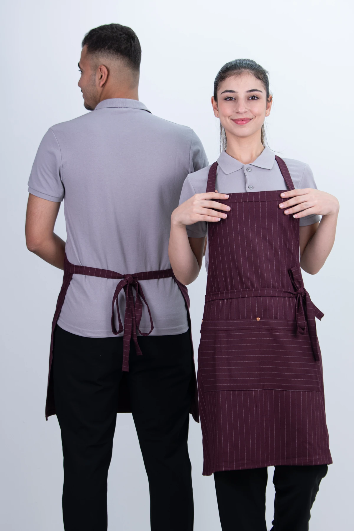 Çizgili Düğmeli Arkadan Ayarlanabilir Cepli Önlük