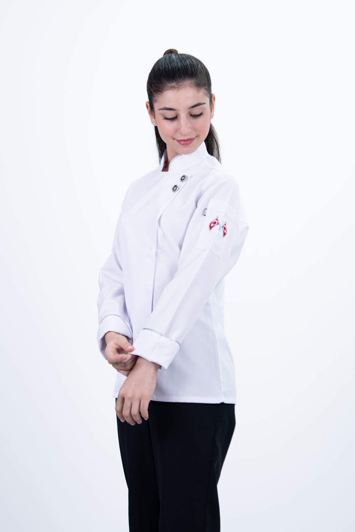 Gri Biyeli Çift Düğmeli Şef Ceket Bayan Aşçı Kıyafeti Chef Aşçı Forması