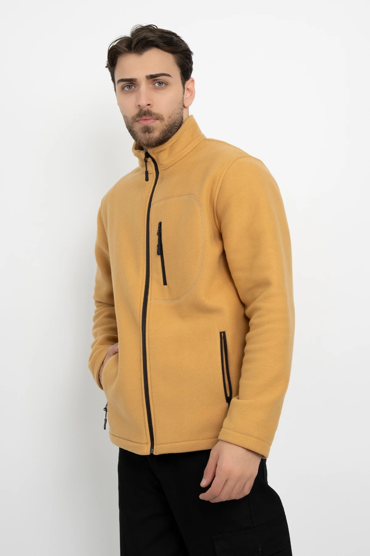 Unisex Traşlanmış Tüylenmez Cepli Polar Ceket Standart Tam Fermuarlı Soğuk Geçirmez Polar Mont