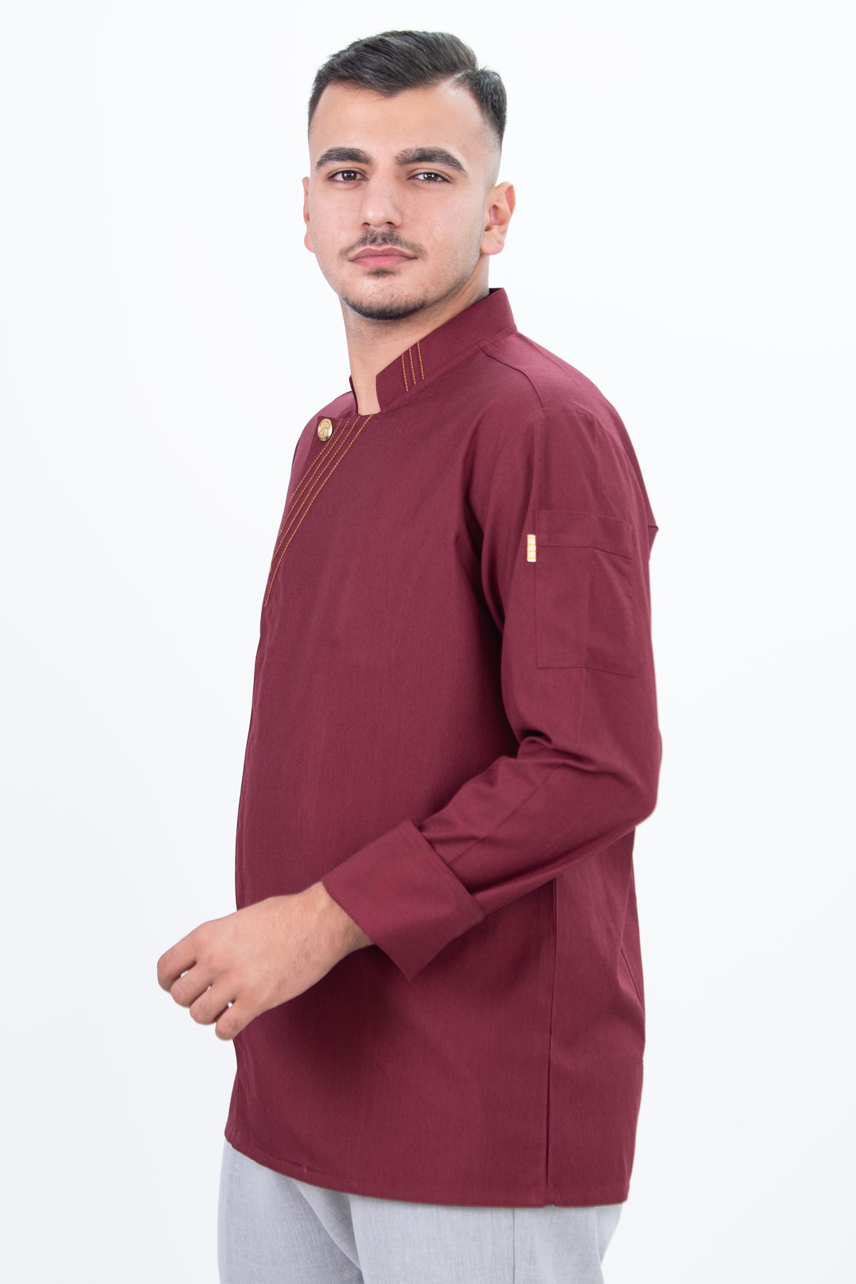 Gold Dikiş Detay Şef Gömlek Aşçı Kıyafeti Chef Aşçı Forması Bordo