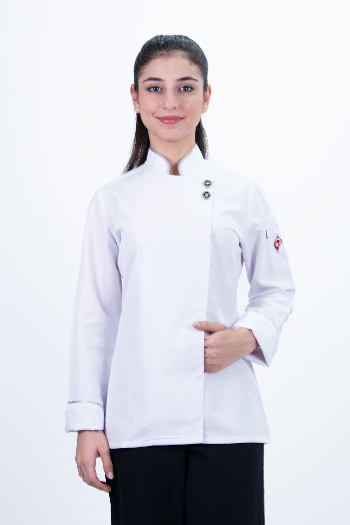 Gri Biyeli Çift Düğmeli Şef Ceket Bayan Aşçı Kıyafeti Chef Aşçı Forması