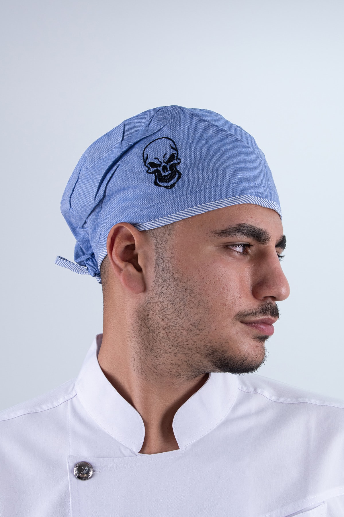 Chef Bone Kep Aşçı Şef Şapkası Kuru Kafa Desenli Mavi