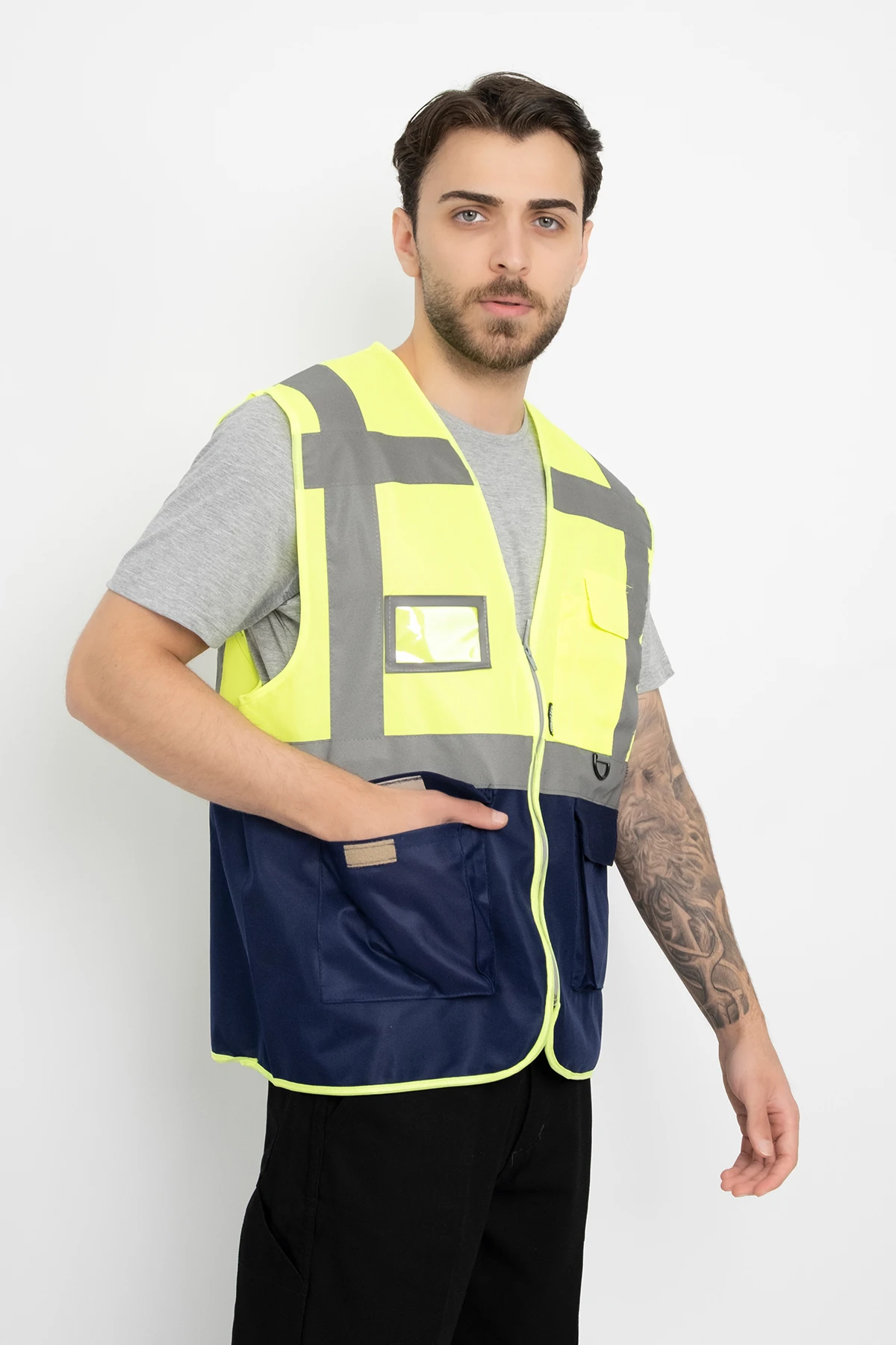Fosforlu İsimlikli İkaz Yeleği Fermuarlı Kapaklı Cepli (Mühendis Tipi Kalın) Çift Renk Lacivert-Sarı